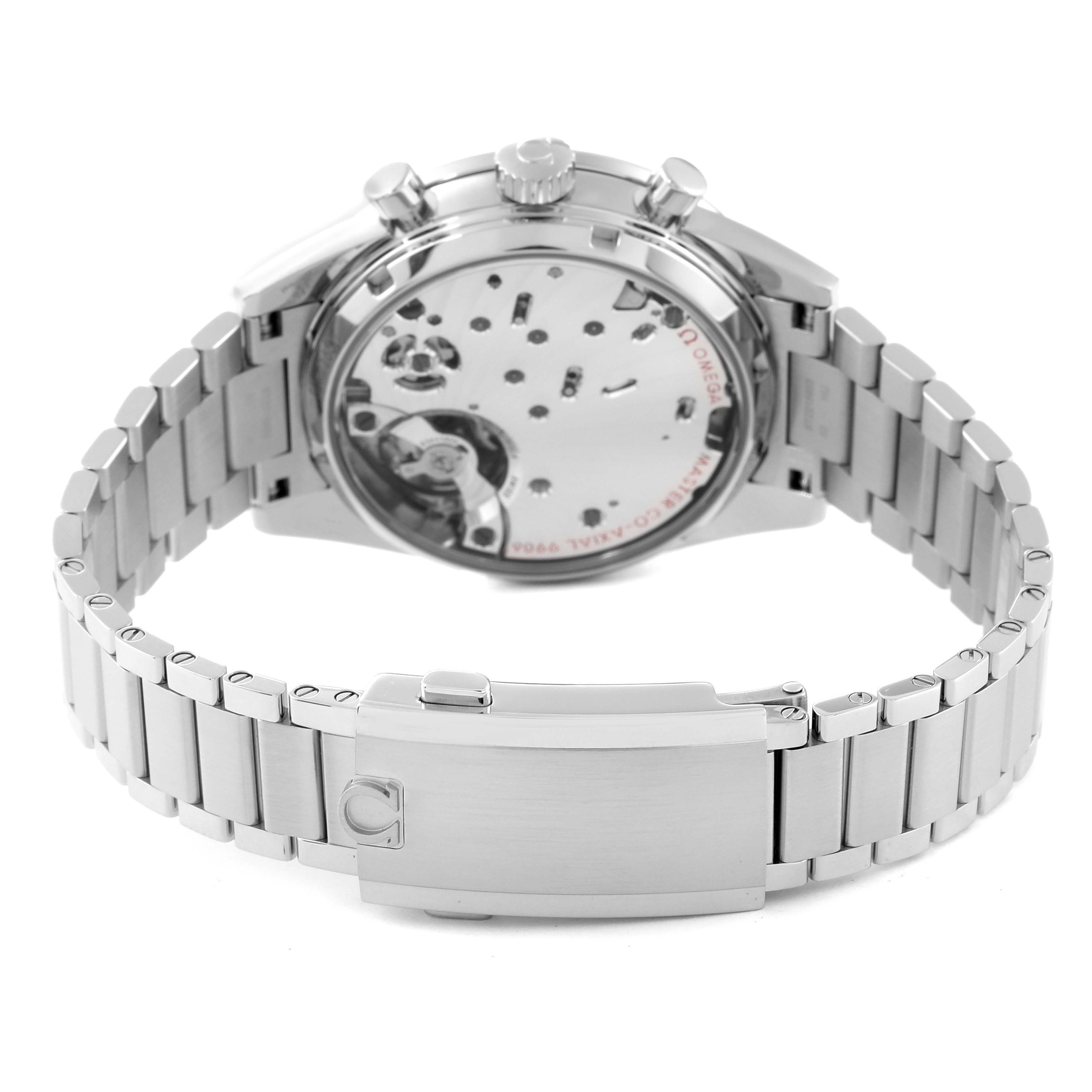 The image shows the back view of the Omega Speedmaster 332.10.41.51.03.001 Men
s Stainless Steel Blue Dial 332.10.41.51.03.001 Men
s Stainless Steel Blue Dial watch, highlighting the movement and metal bracelet.