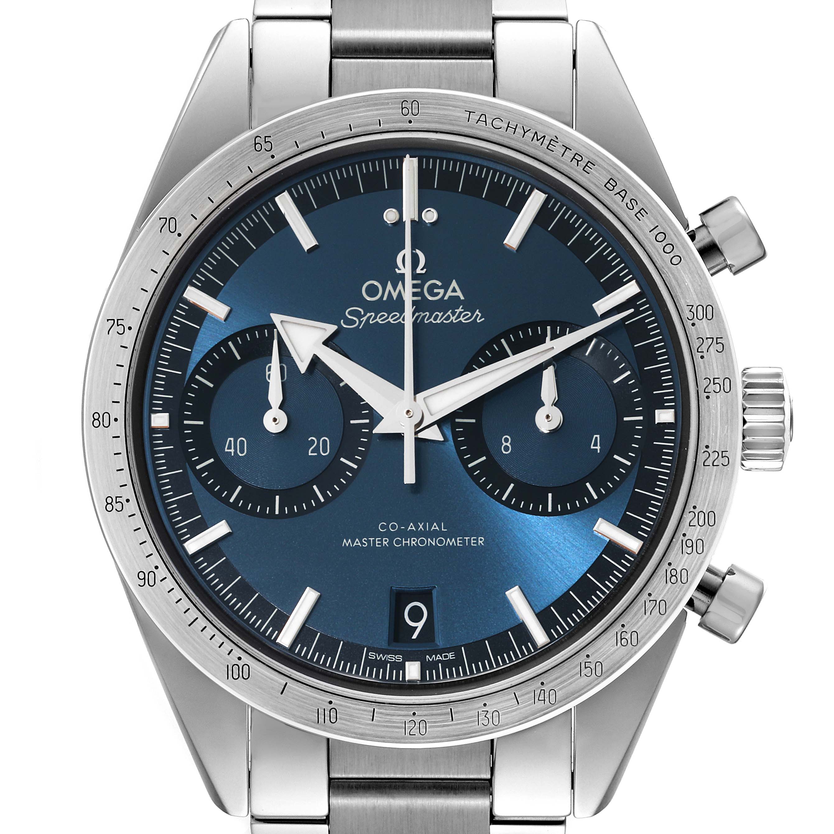 The image displays a frontal view of an Omega Speedmaster 332.10.41.51.03.001 Men
s Stainless Steel Blue Dial 332.10.41.51.03.001 Men
s Stainless Steel Blue Dial watch featuring its dial, bezel, and bracelet.