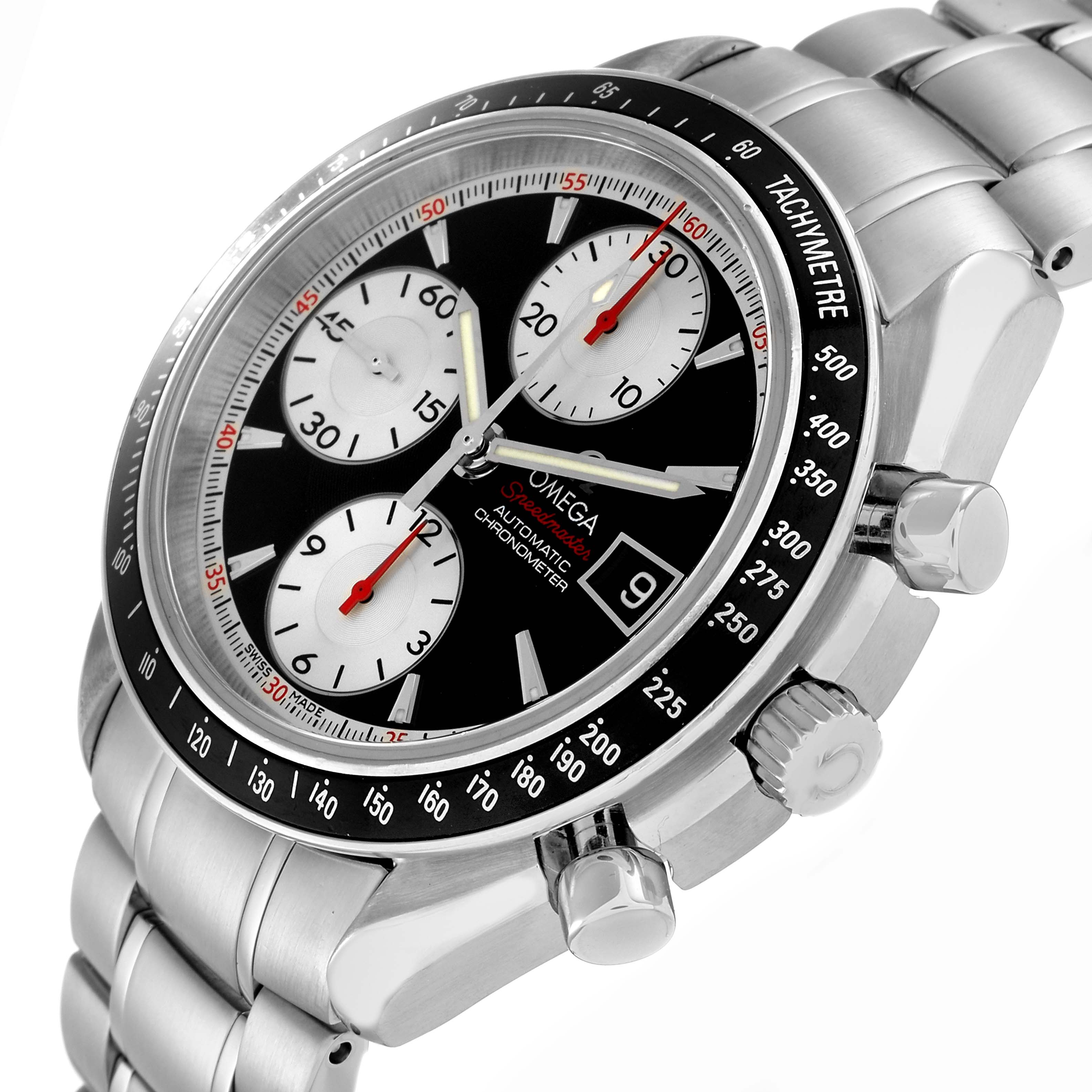 The image shows the Omega Speedmaster model 3210.51.00 at a three-quarter angle, highlighting the bezel, chronograph subdials, and stainless steel bracelet.