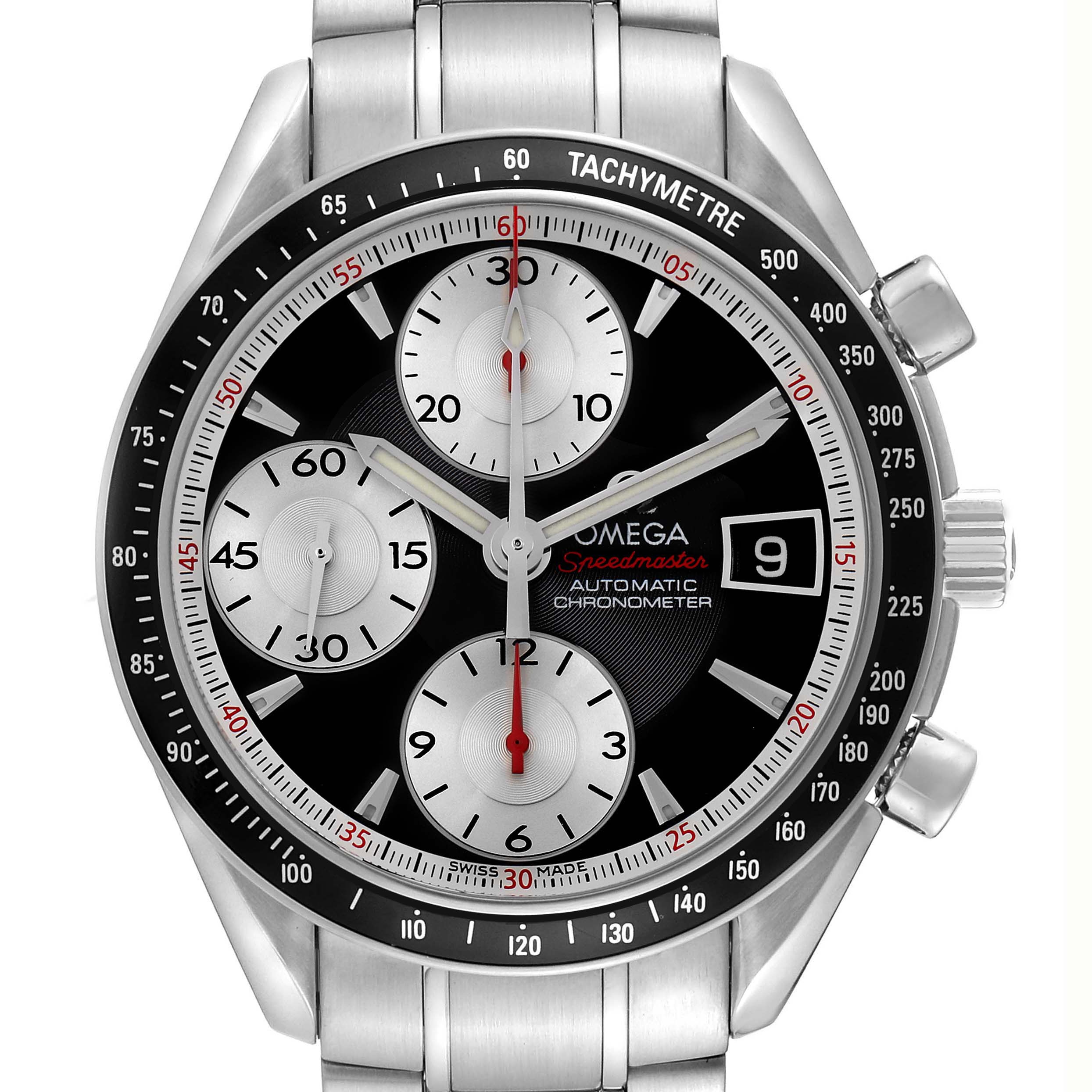 The Omega Speedmaster model 3210.51.00 is shown from the front, highlighting the dial, bezel, subdials, and bracelet links.