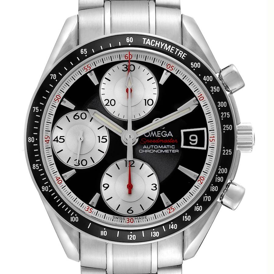 The Omega Speedmaster model 3210.51.00 is shown from the front, highlighting the dial, bezel, subdials, and bracelet links.