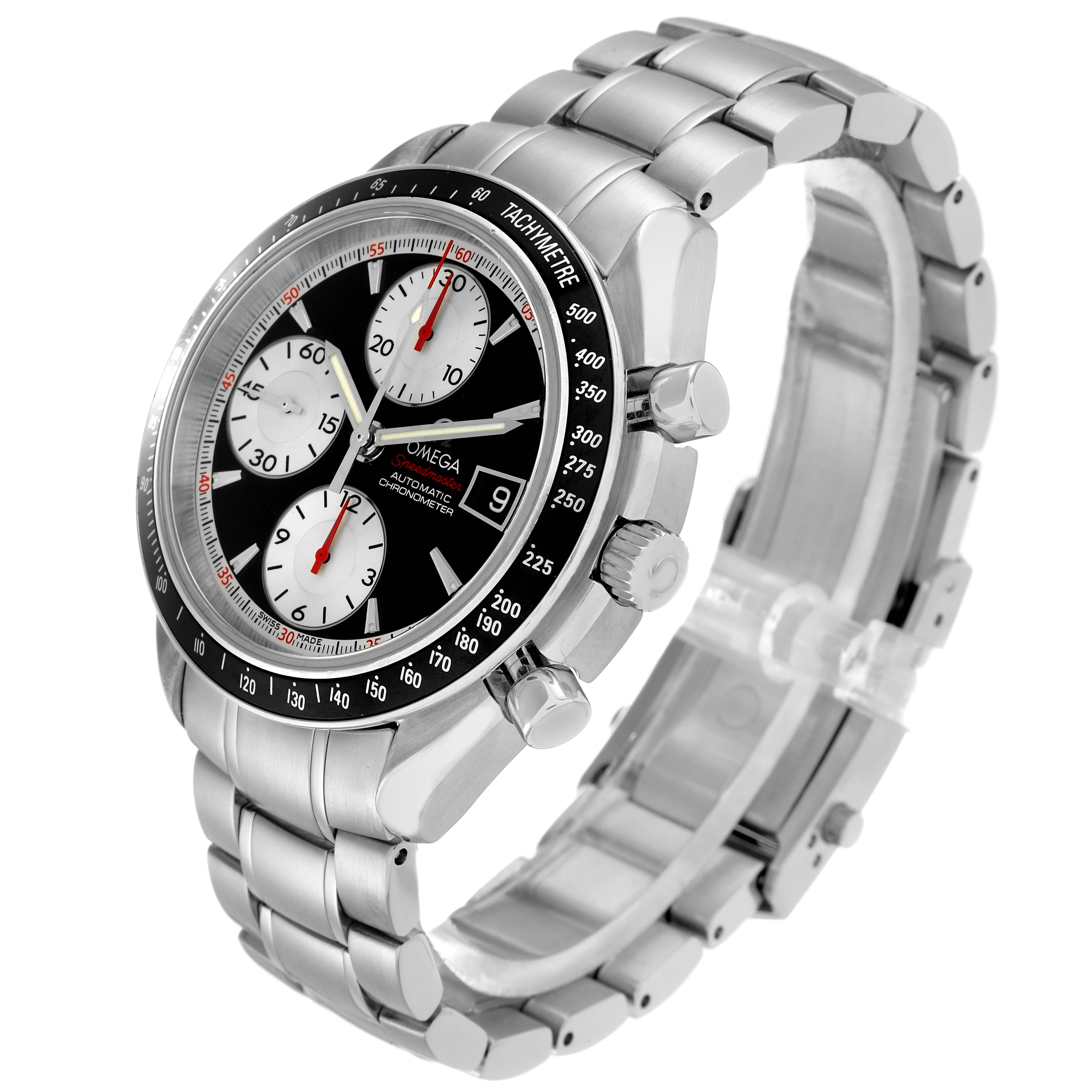 The Omega Speedmaster model 3210.51.00 is shown at a three-quarter angle displaying the watch face, bezel, crown, pushers, and metal bracelet.