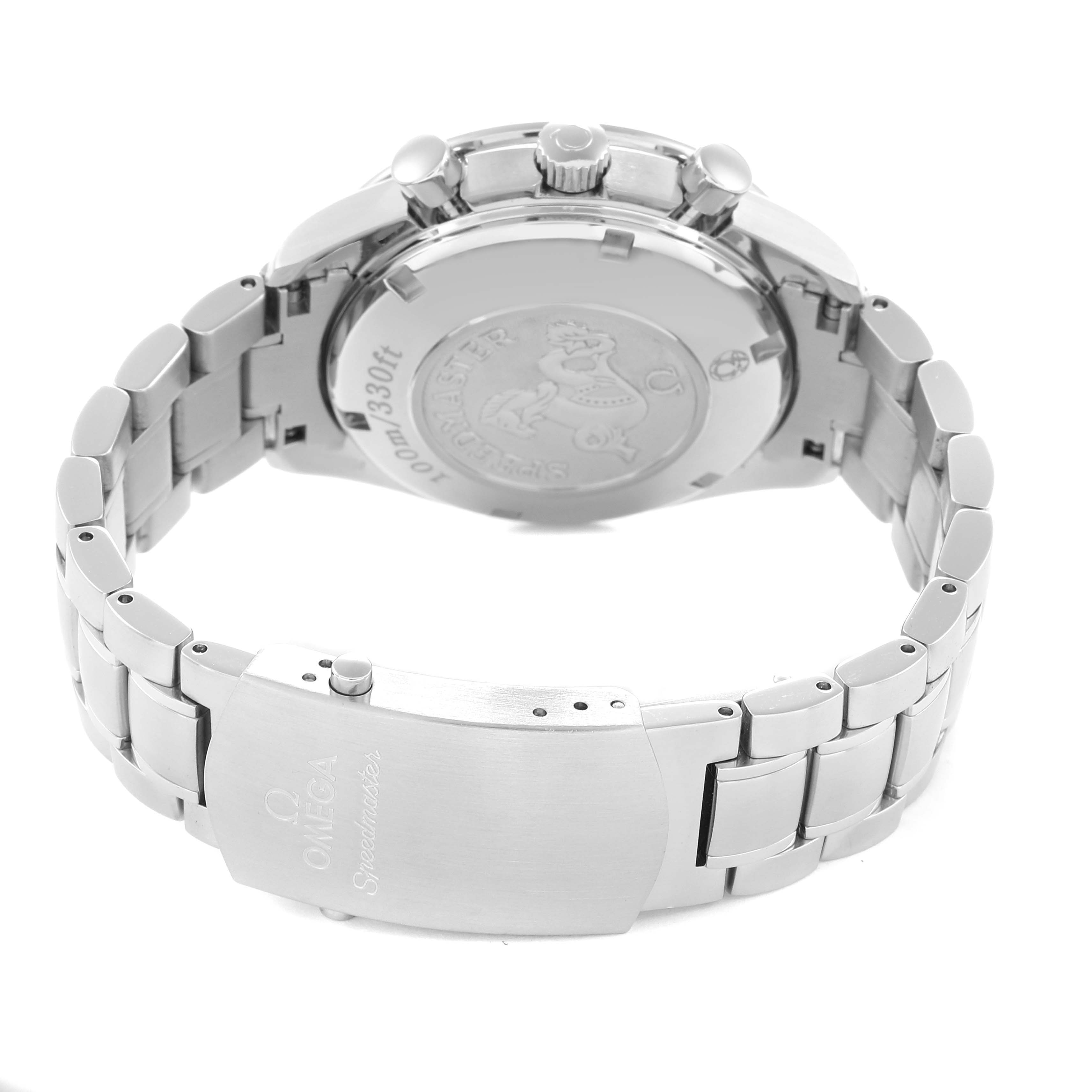 The Omega Speedmaster model 3210.51.00 is shown from the back, highlighting the clasp, bracelet, and case back with visible branding.