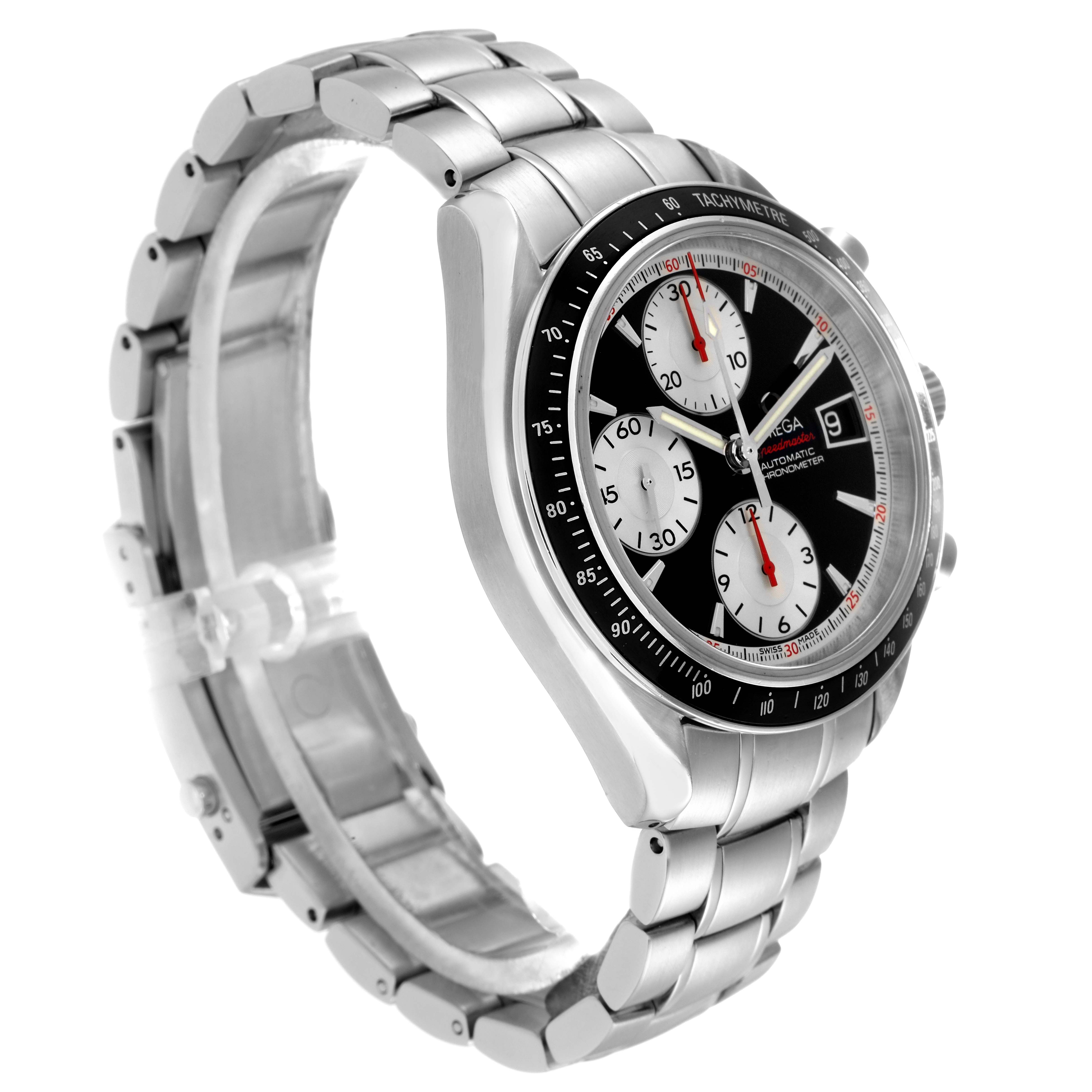 The Omega Speedmaster 3210.51.00 is shown at a three-quarter angle, highlighting the black dial, subdials, tachymeter bezel, and stainless steel bracelet.