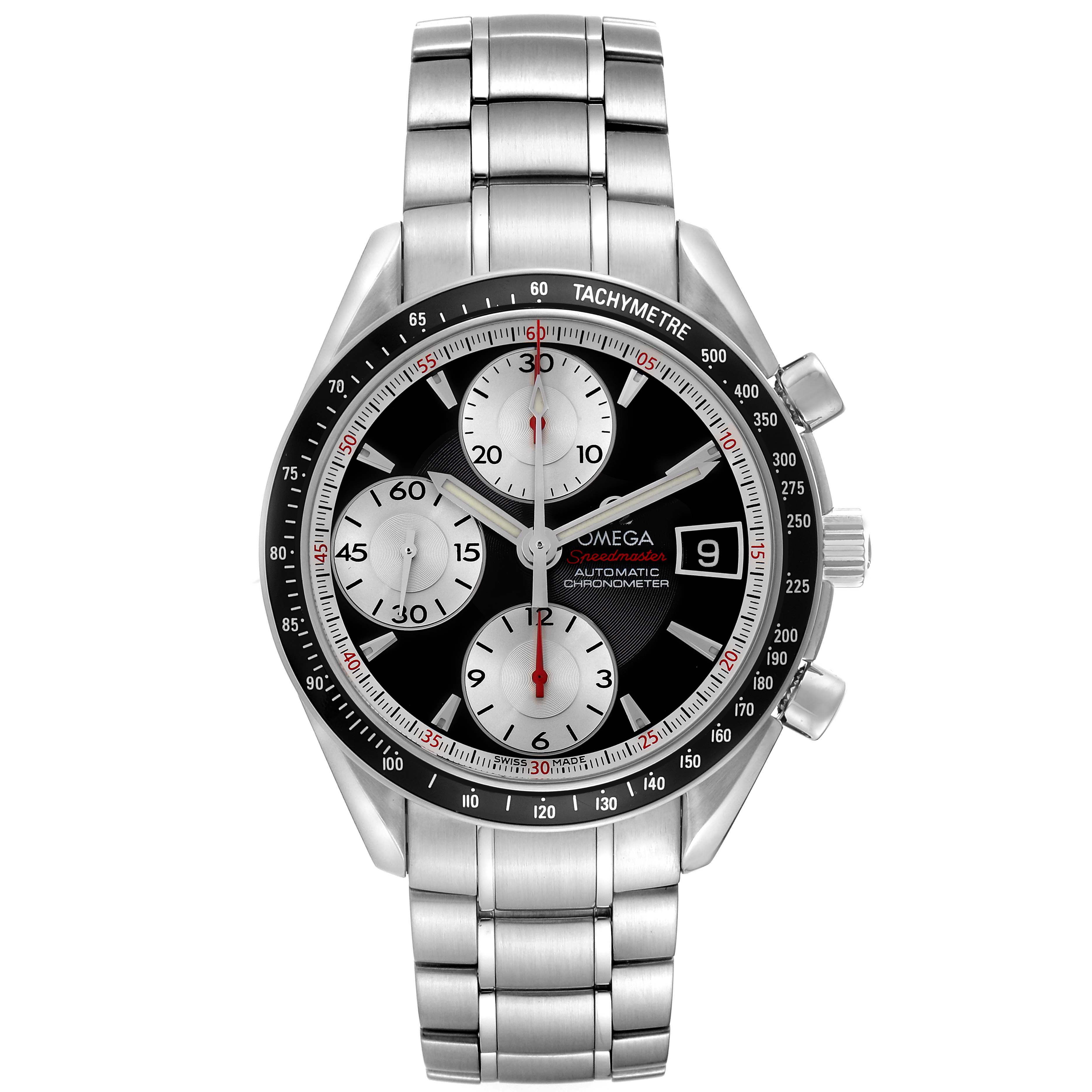 The image shows a front view of an Omega Speedmaster model 3210.51.00 men's watch, highlighting the dial, chronograph subdials, and tachymeter bezel.