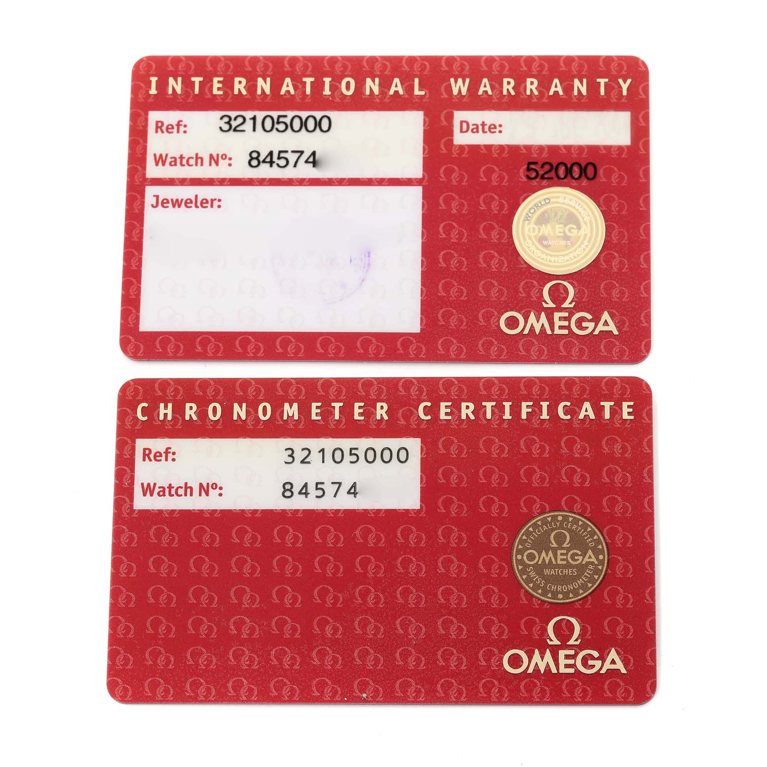 The image shows the International Warranty and Chronometer Certificate cards for the Omega Speedmaster 3210.50.00 Men
s Stainless Steel Black Dial 3210.50.00 Men
s Stainless Steel Black Dial model.