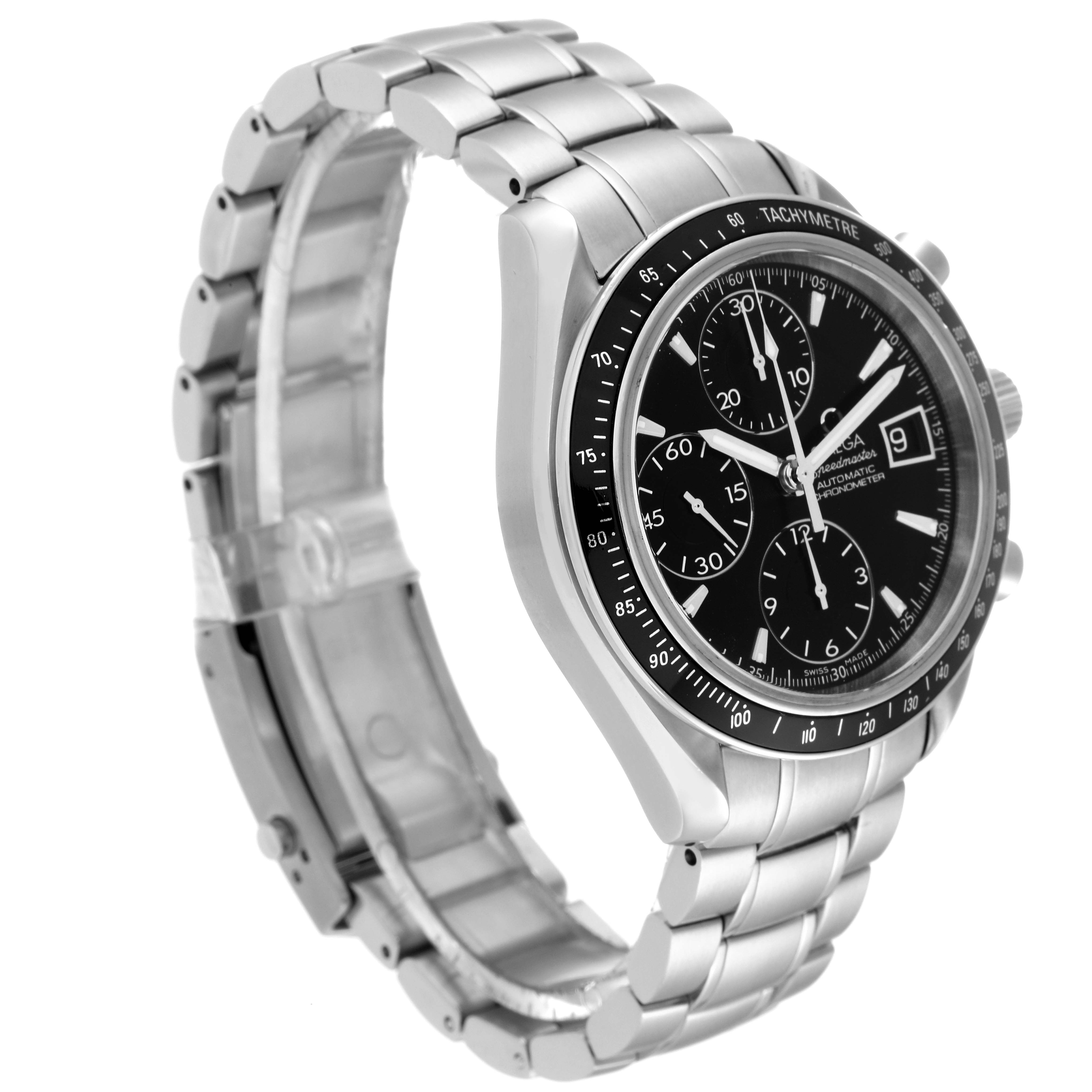 This image shows a side angle of the Omega Speedmaster 3210.50.00 Men
s Stainless Steel Black Dial 3210.50.00 Men
s Stainless Steel Black Dial watch, highlighting the face, tachymeter, and stainless steel bracelet.