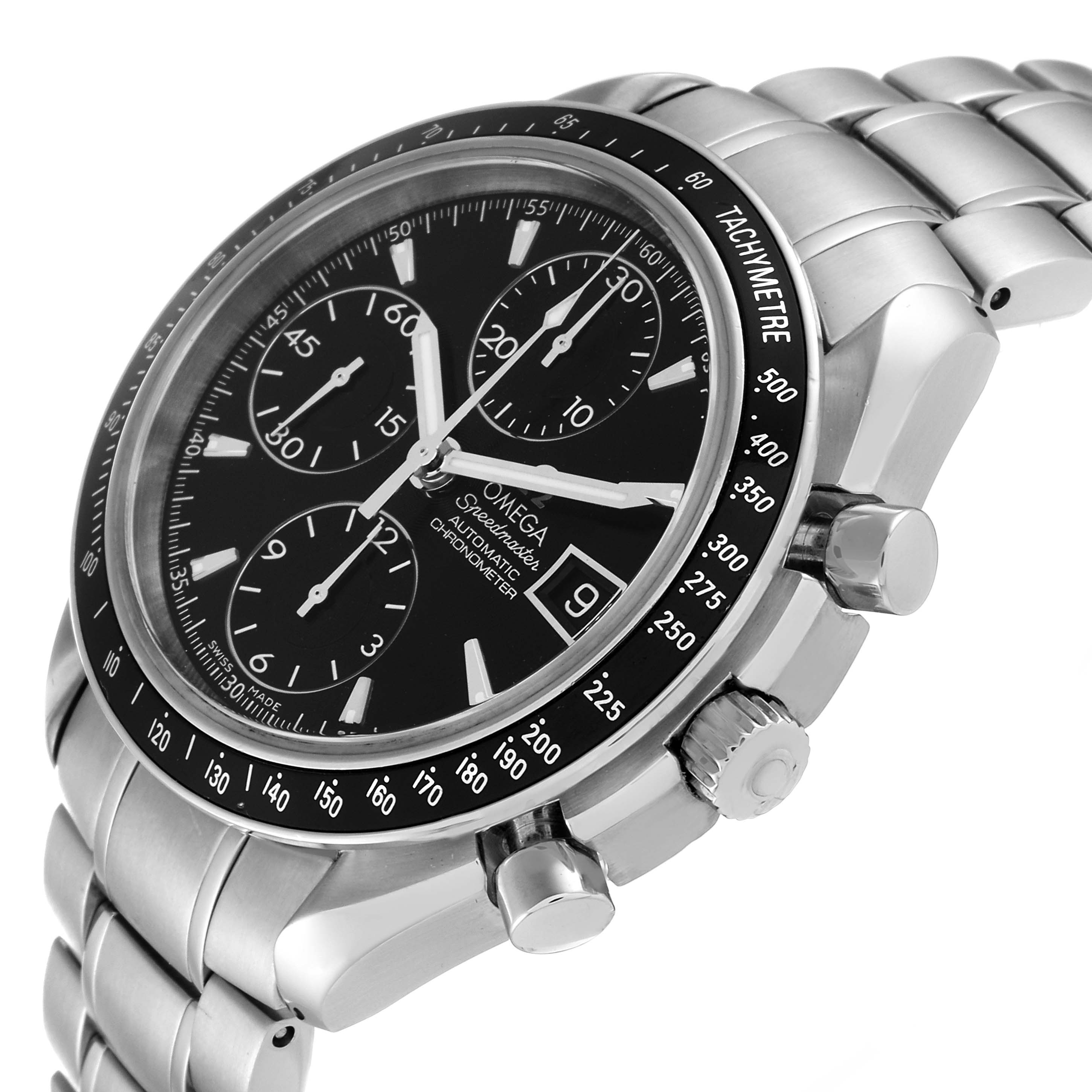 The image shows a close-up side angle of an Omega Speedmaster 3210.50.00 Men
s Stainless Steel Black Dial 3210.50.00 Men
s Stainless Steel Black Dial watch, highlighting its dial, bezel, and stainless steel bracelet.