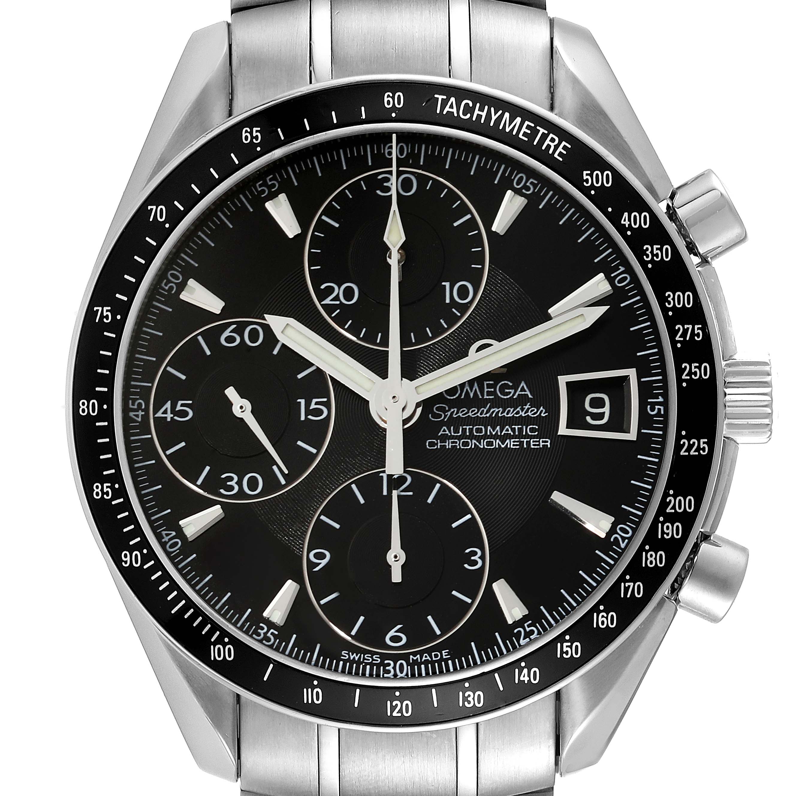 The image shows a front view of an Omega Speedmaster 3210.50.00 Men
s Stainless Steel Black Dial 3210.50.00 Men
s Stainless Steel Black Dial watch, highlighting its black dial, chronograph subdials, date window, and tachymeter scale.