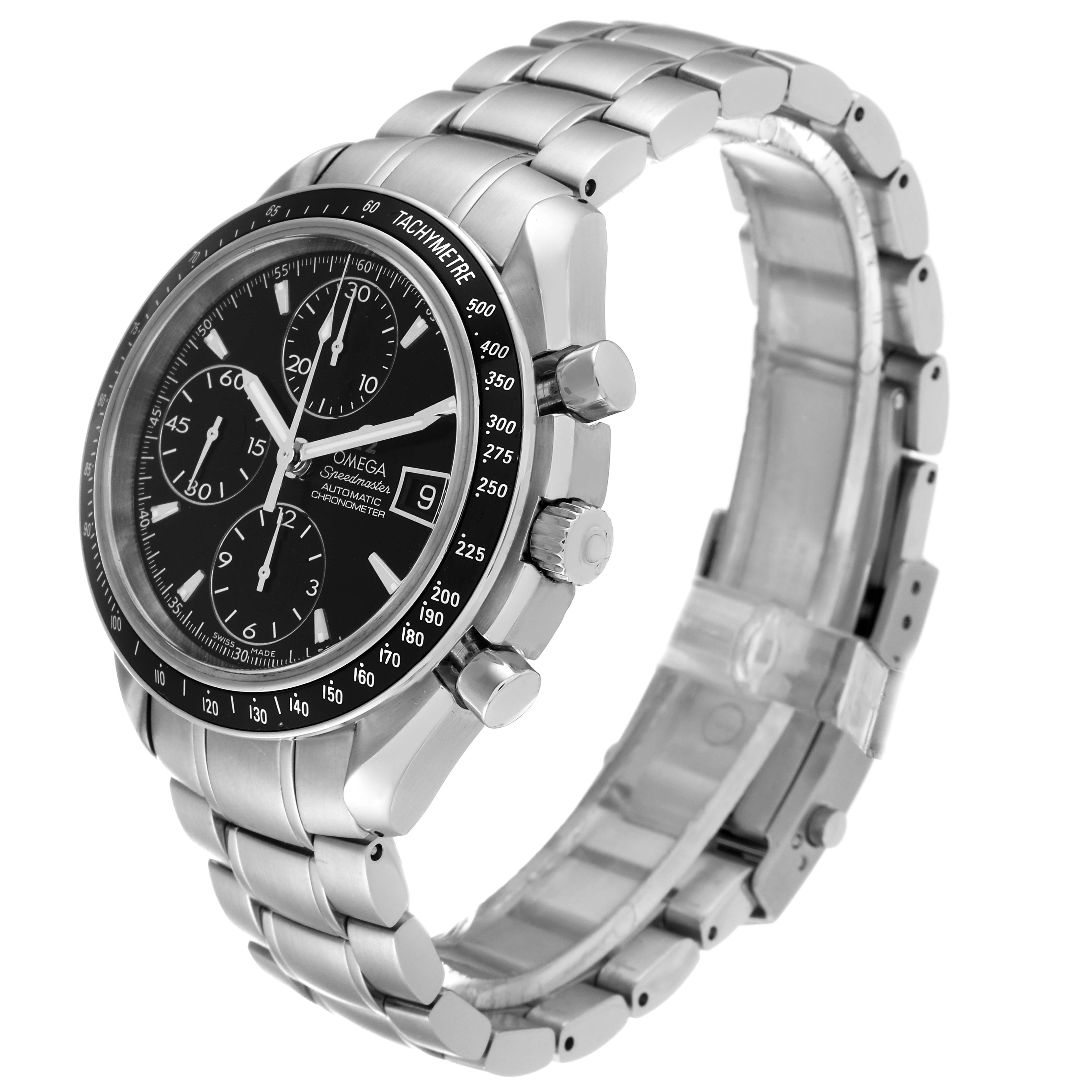 The Omega Speedmaster 3210.50.00 Men
s Stainless Steel Black Dial 3210.50.00 Men
s Stainless Steel Black Dial watch is shown at a three-quarter angle, highlighting its face, side buttons, and metal bracelet.
