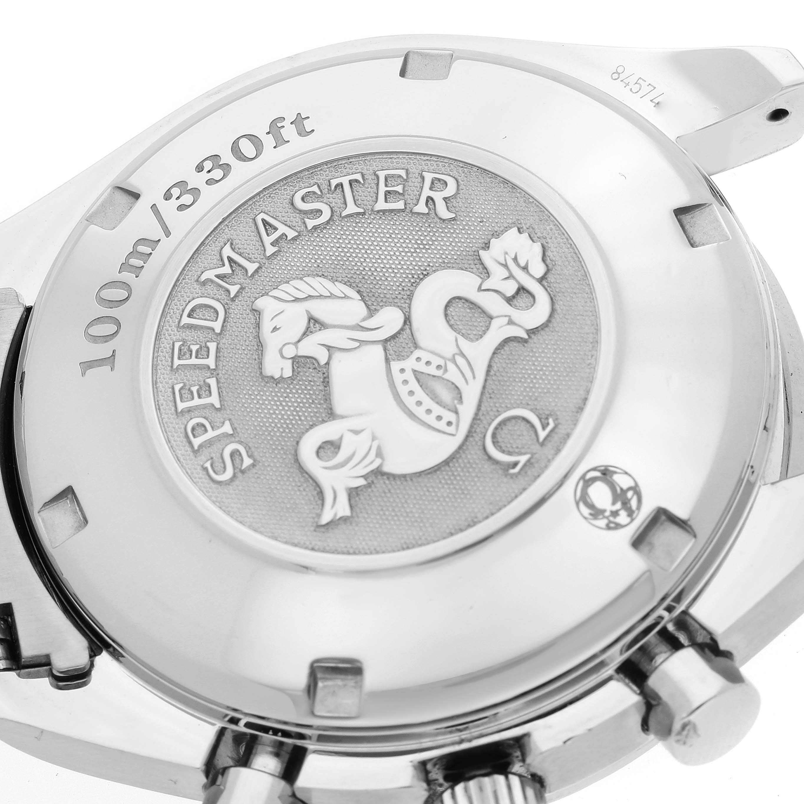 This image shows the back case and part of the crown and pushers of an Omega Speedmaster 3210.50.00 Men
s Stainless Steel Black Dial 3210.50.00 Men
s Stainless Steel Black Dial watch, highlighting the engraved emblem and water resistance details.