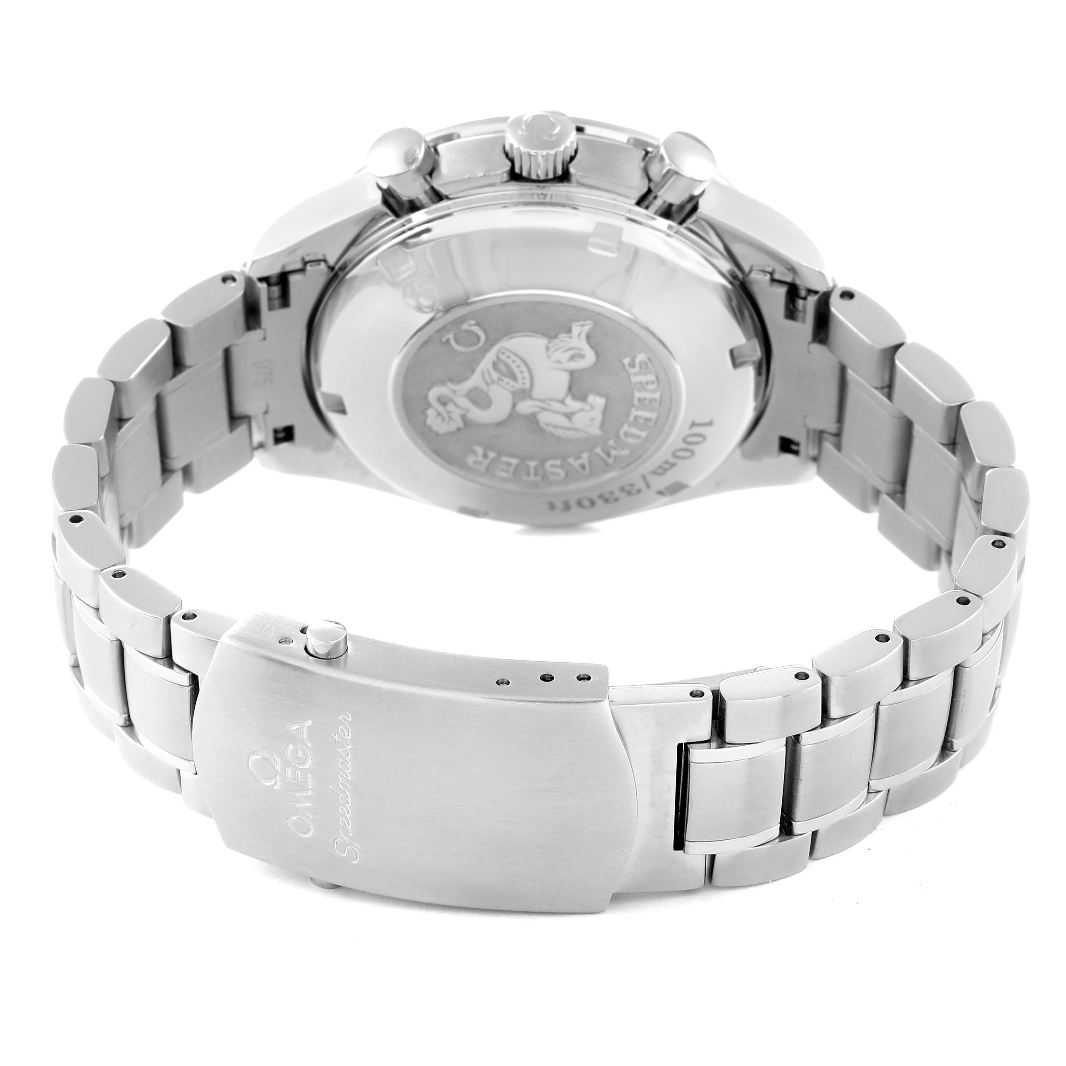 This image shows the back view of an Omega Speedmaster 3210.50.00 Men
s Stainless Steel Black Dial 3210.50.00 Men
s Stainless Steel Black Dial watch, highlighting the caseback, bracelet, and clasp.