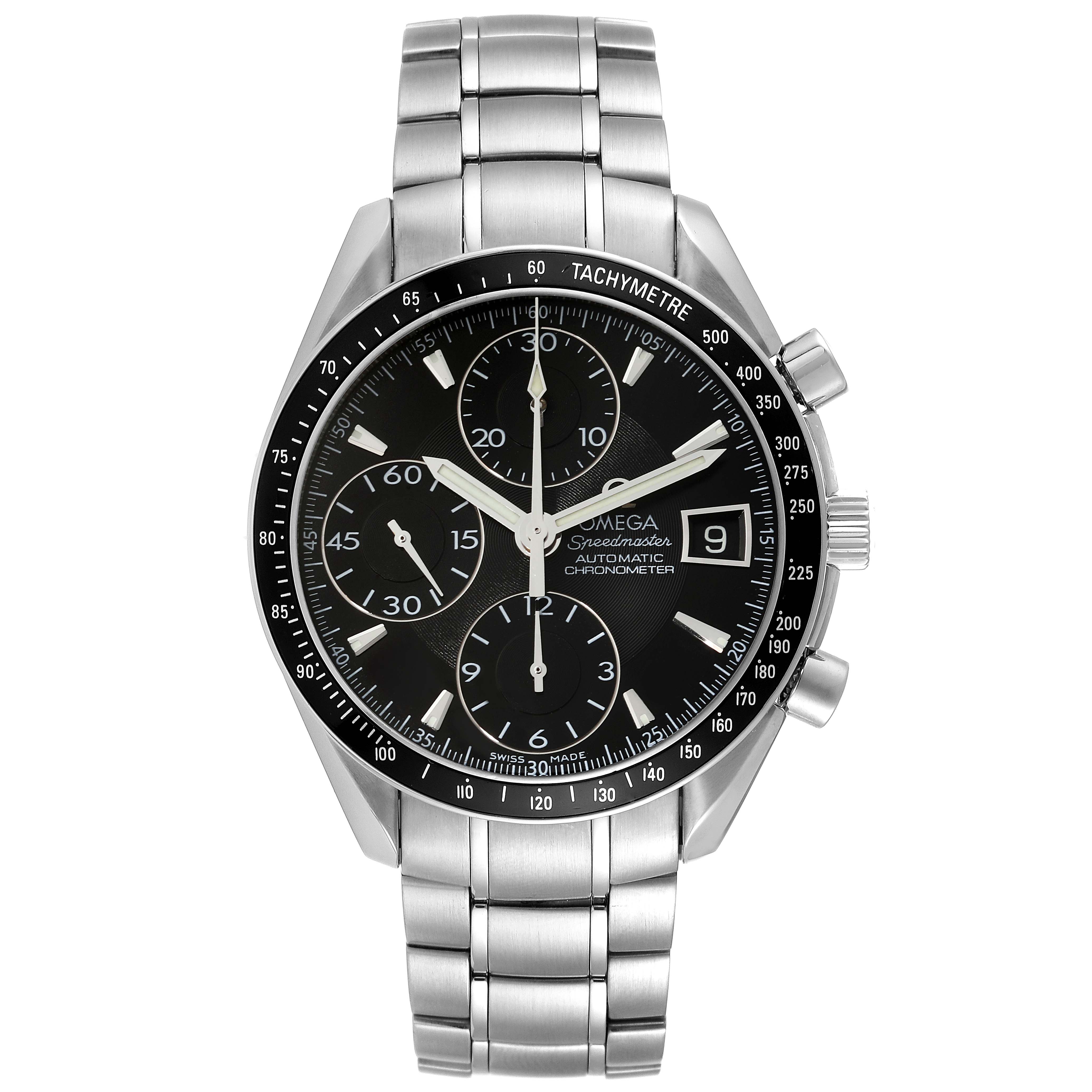 The image shows a front view of the Omega Speedmaster 3210.50.00 Men
s Stainless Steel Black Dial 3210.50.00 Men
s Stainless Steel Black Dial watch featuring a black dial, three subdials, and a date window.