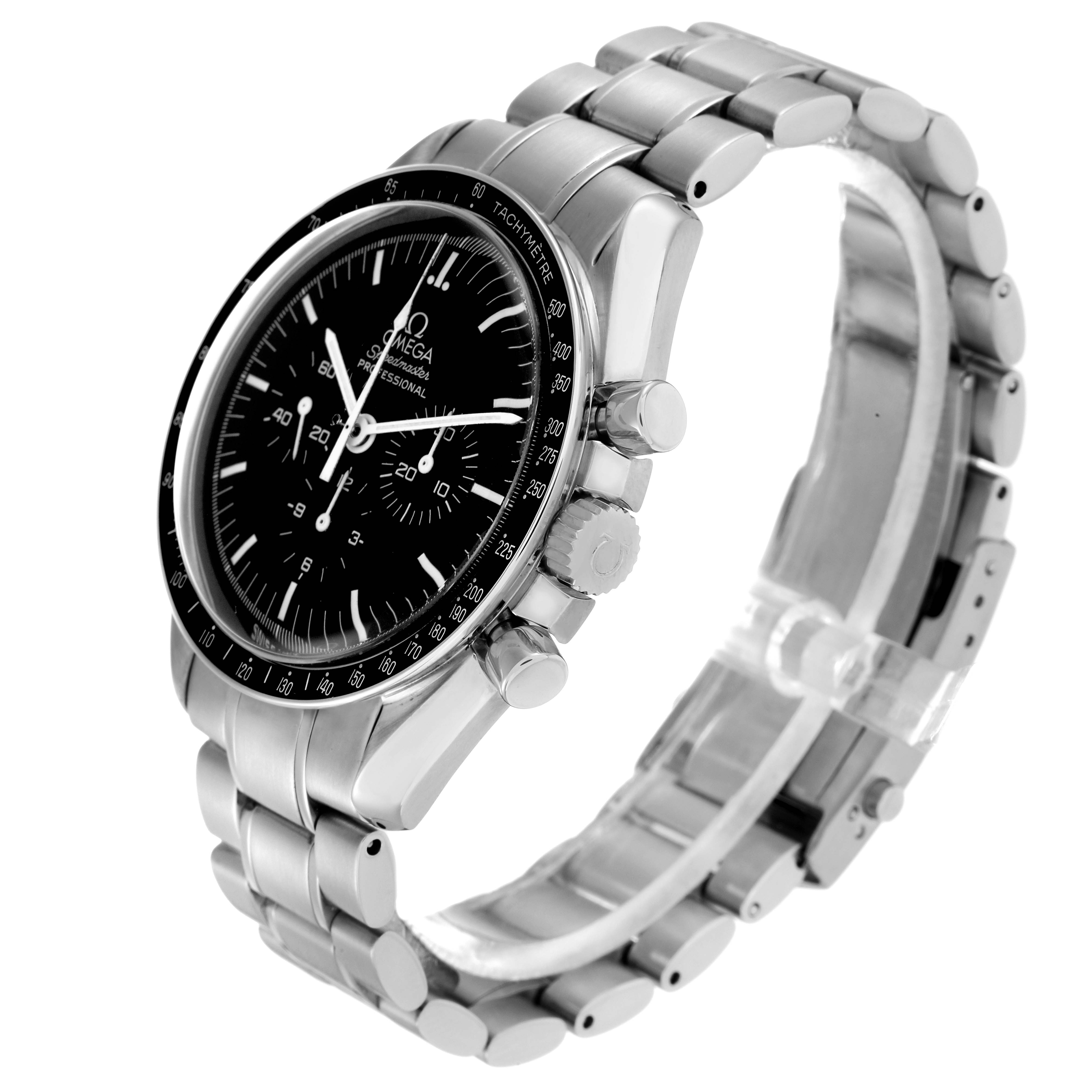 The Omega Speedmaster model 311.30.42.30.01.006 is shown at a three-quarter angle, highlighting the black dial, tachymeter bezel, and metallic bracelet.