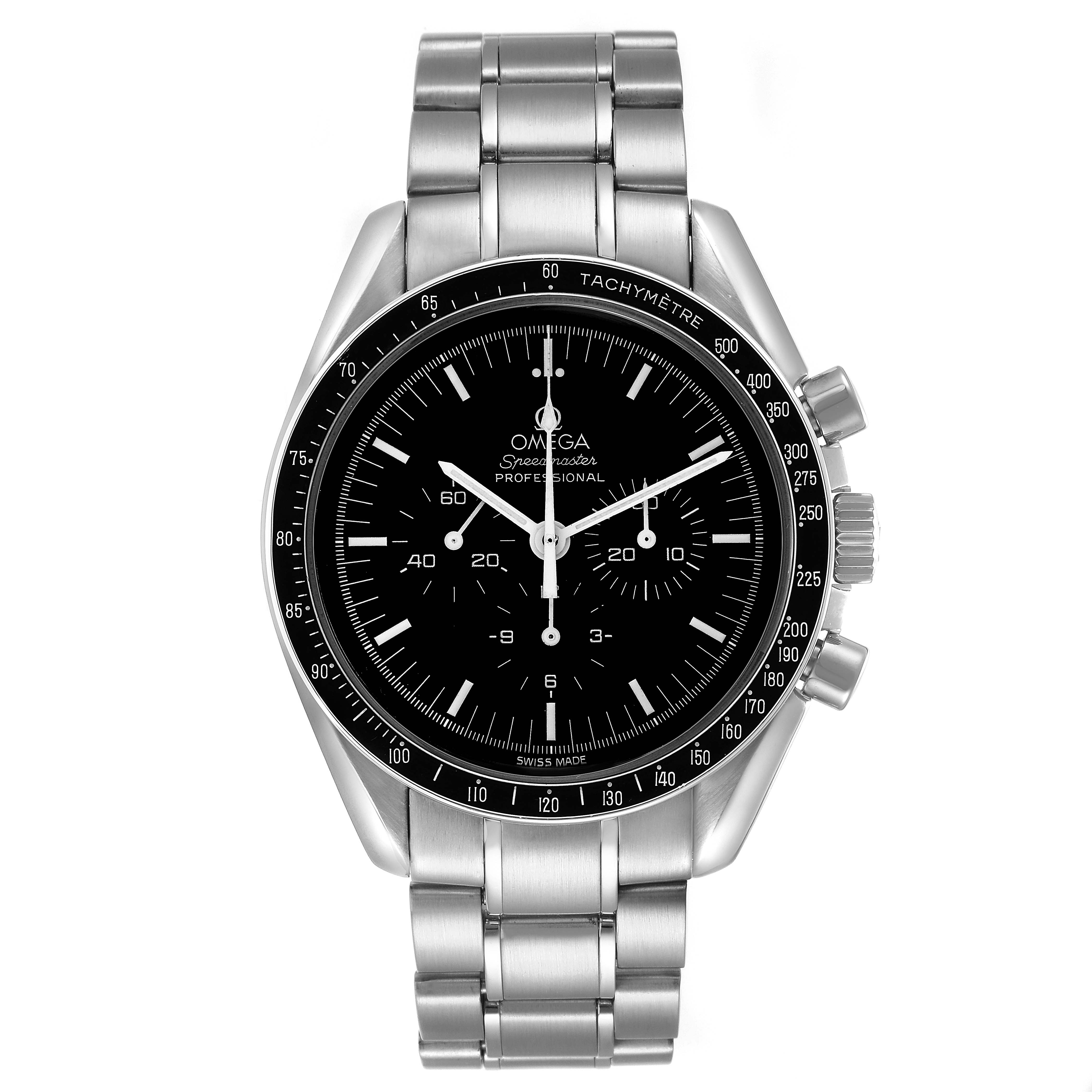 The Omega Speedmaster model 311.30.42.30.01.006 is shown from a front angle, displaying the black dial, bezel, chronograph sub-dials, and stainless steel bracelet.