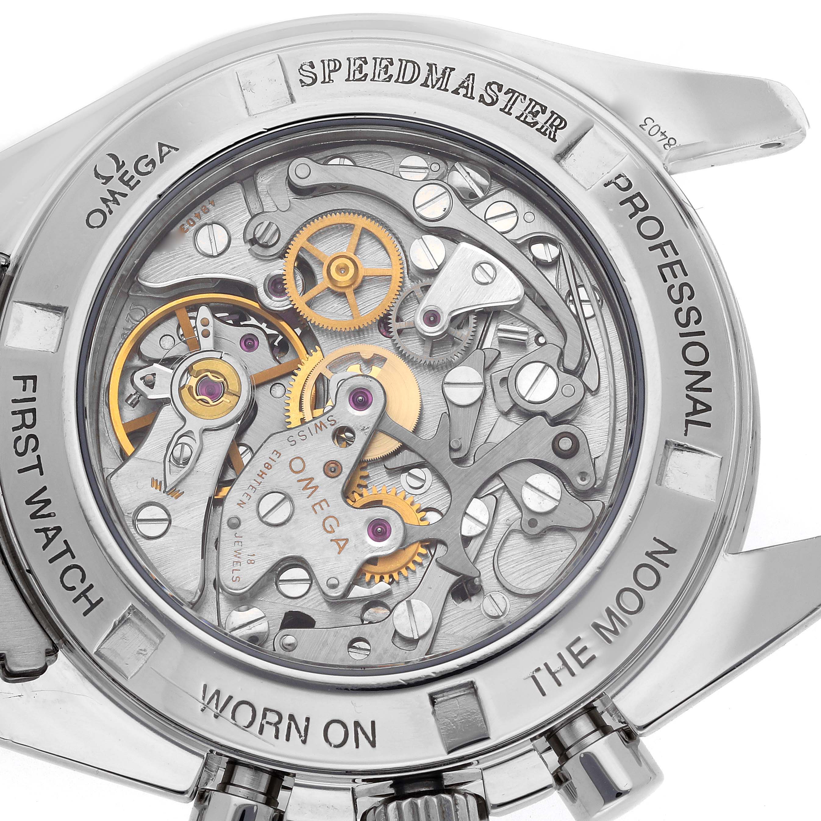 The image shows the case back of an Omega Speedmaster, model 311.30.42.30.01.006, revealing the intricate movement and mechanical components.