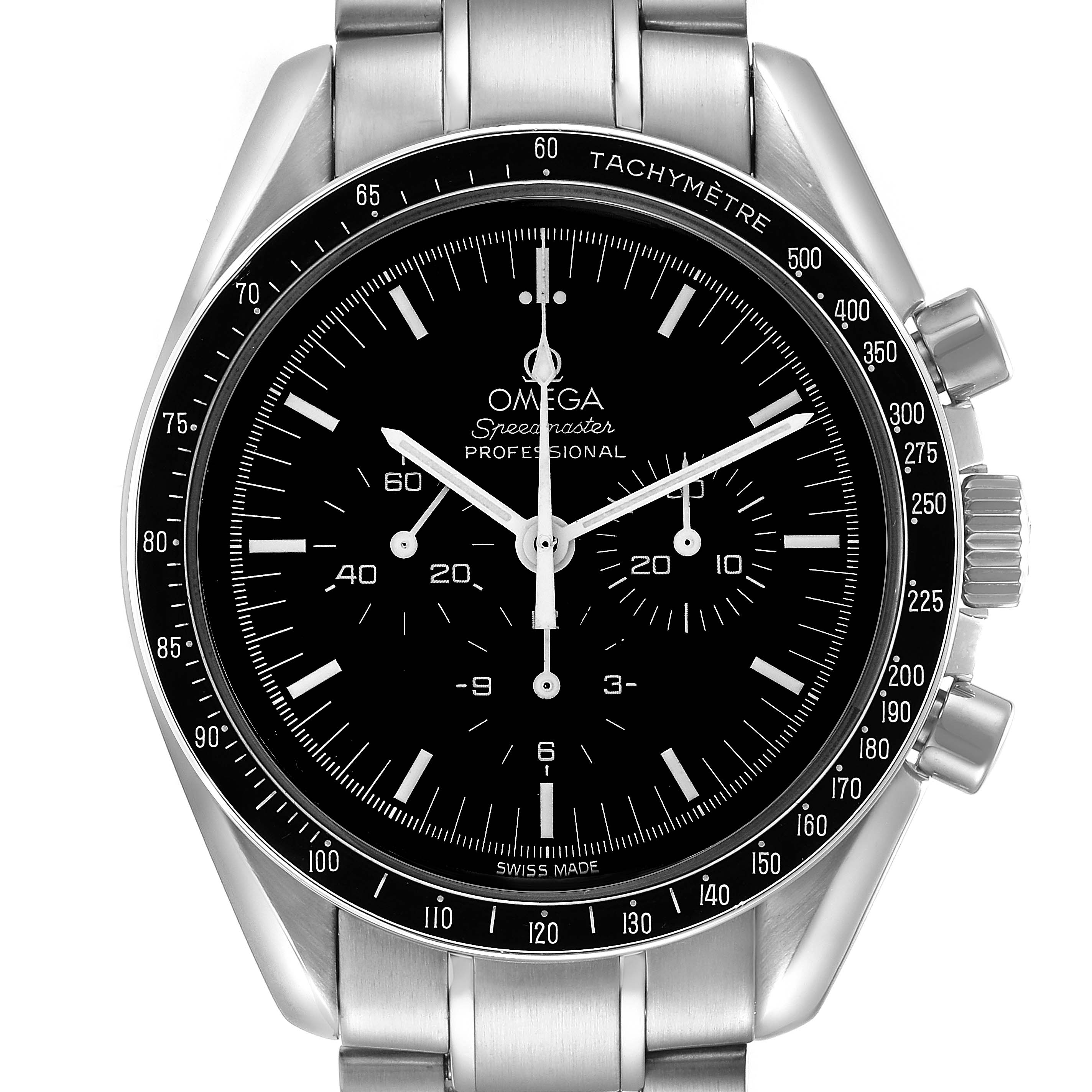The Omega Speedmaster model 311.30.42.30.01.006 is shown from the front, displaying its black dial, tachymetric bezel, chronograph sub-dials, and stainless steel bracelet.