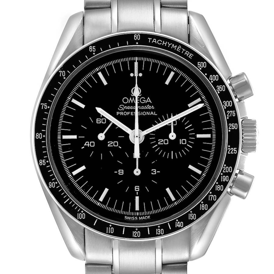 The Omega Speedmaster model 311.30.42.30.01.006 is shown from the front, displaying its black dial, tachymetric bezel, chronograph sub-dials, and stainless steel bracelet.