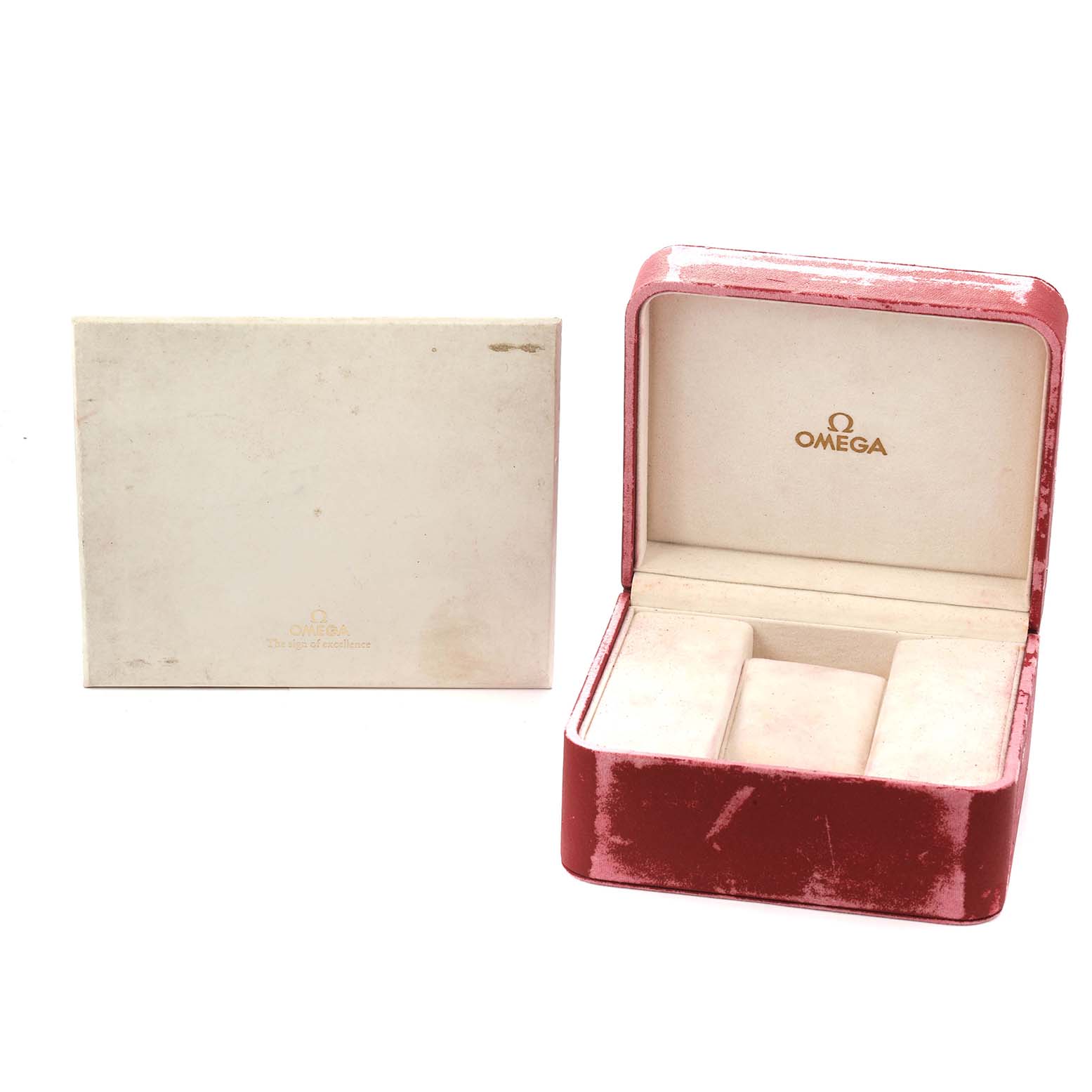 The image shows an open red Omega watch box for the Speedmaster model 311.30.42.30.01.006, with a velvet interior and a closed outer white box.