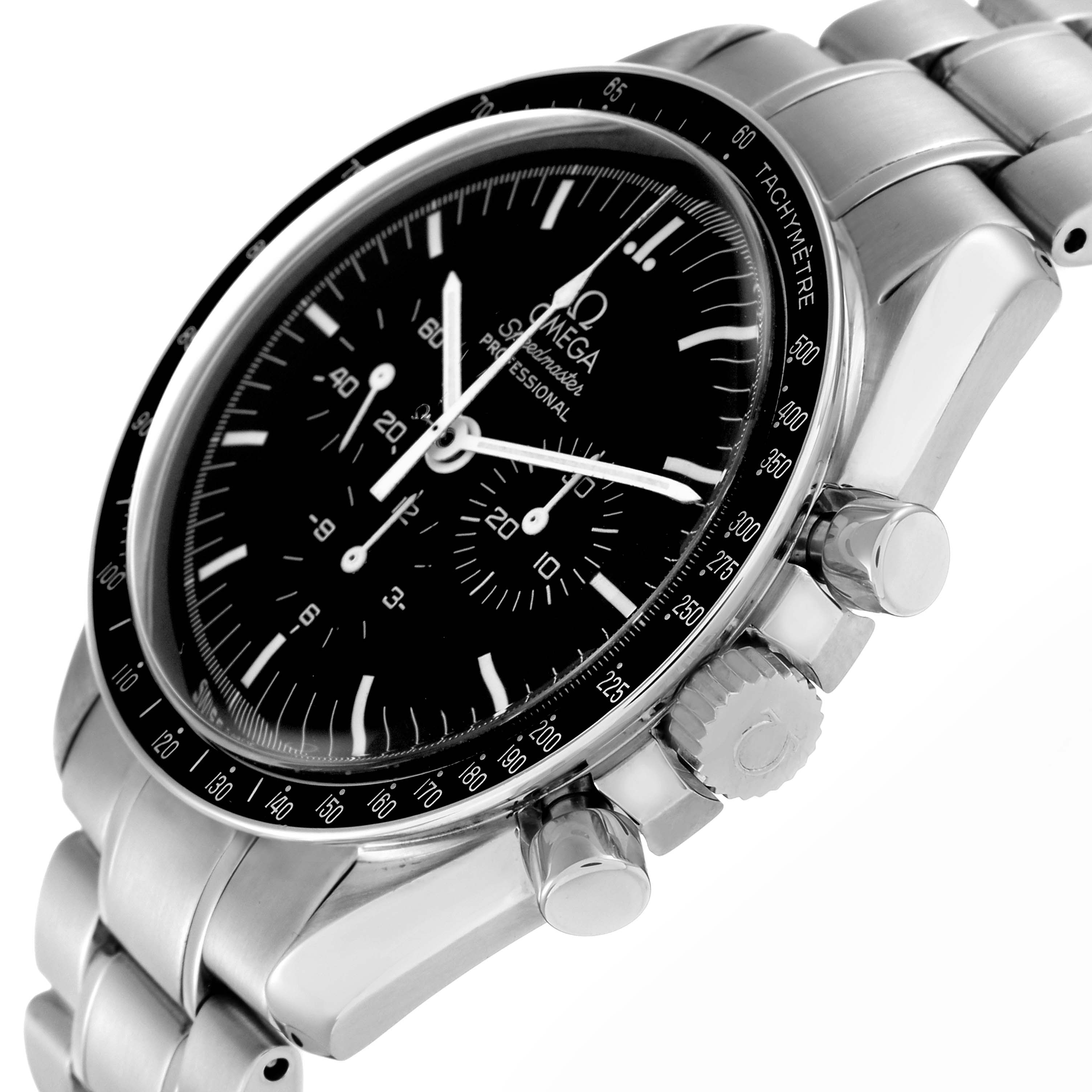 The Omega Speedmaster, model 311.30.42.30.01.006, is shown at an angle highlighting the chronograph dials, tachymeter bezel, pushers, and stainless steel bracelet.