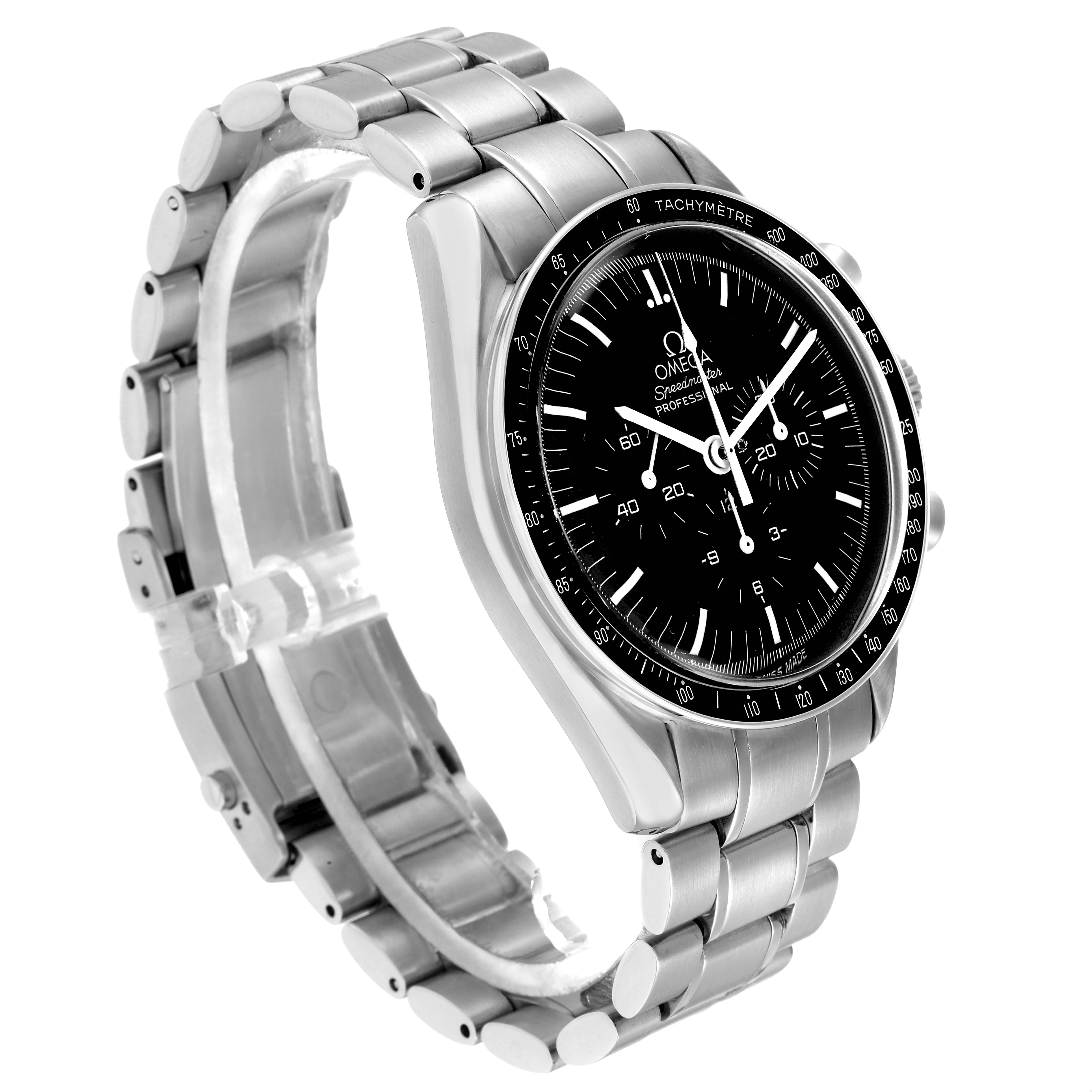 The Omega Speedmaster model 311.30.42.30.01.006 is shown from a three-quarter angle, highlighting the black dial, tachymetre bezel, and stainless steel bracelet.