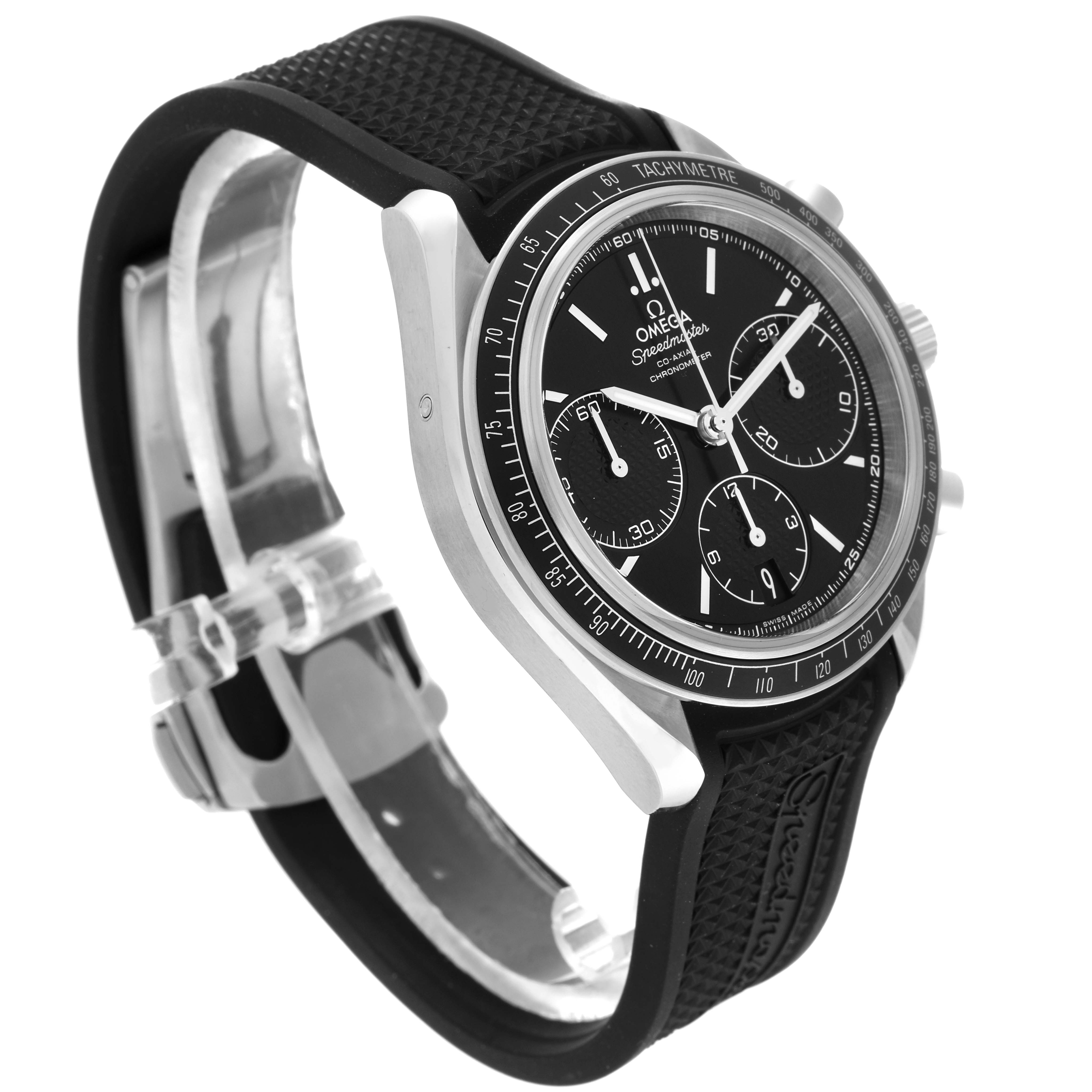 The Omega Speedmaster 326.32.40.50.01.001 Men
s Stainless Steel Black Dial 326.32.40.50.01.001 Men
s Stainless Steel Black Dial watch is shown at a three-quarter angle, featuring its black dial, bezel, and rubber strap.