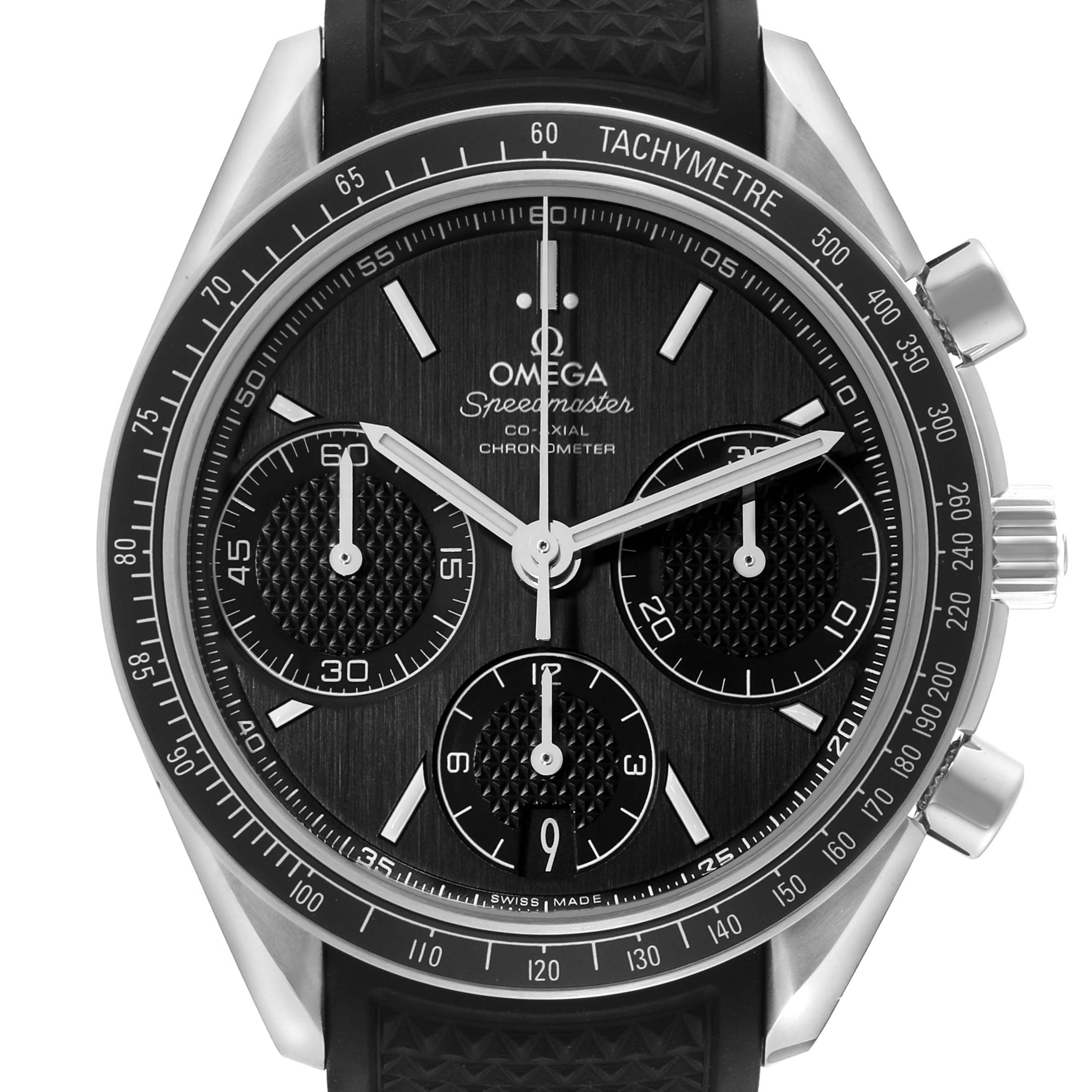 The image shows a close-up, front view of the Omega Speedmaster 326.32.40.50.01.001 Men
s Stainless Steel Black Dial 326.32.40.50.01.001 Men
s Stainless Steel Black Dial watch, highlighting the dial, subdials, bezel, and crown.