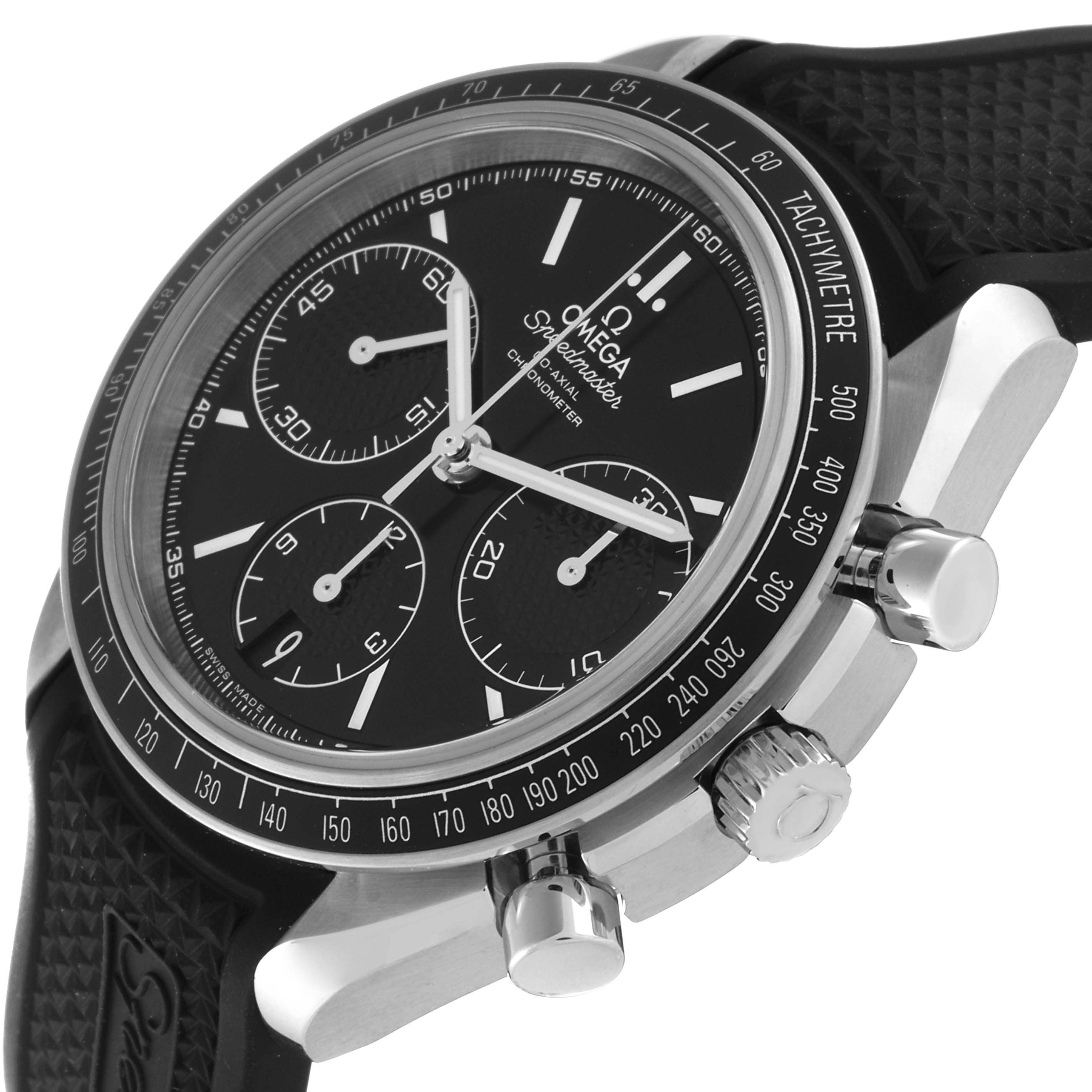 The image shows an angled view of an Omega Speedmaster 326.32.40.50.01.001 Men
s Stainless Steel Black Dial 326.32.40.50.01.001 Men
s Stainless Steel Black Dial watch highlighting its dial, tachymeter bezel, pushers, crown, and strap.