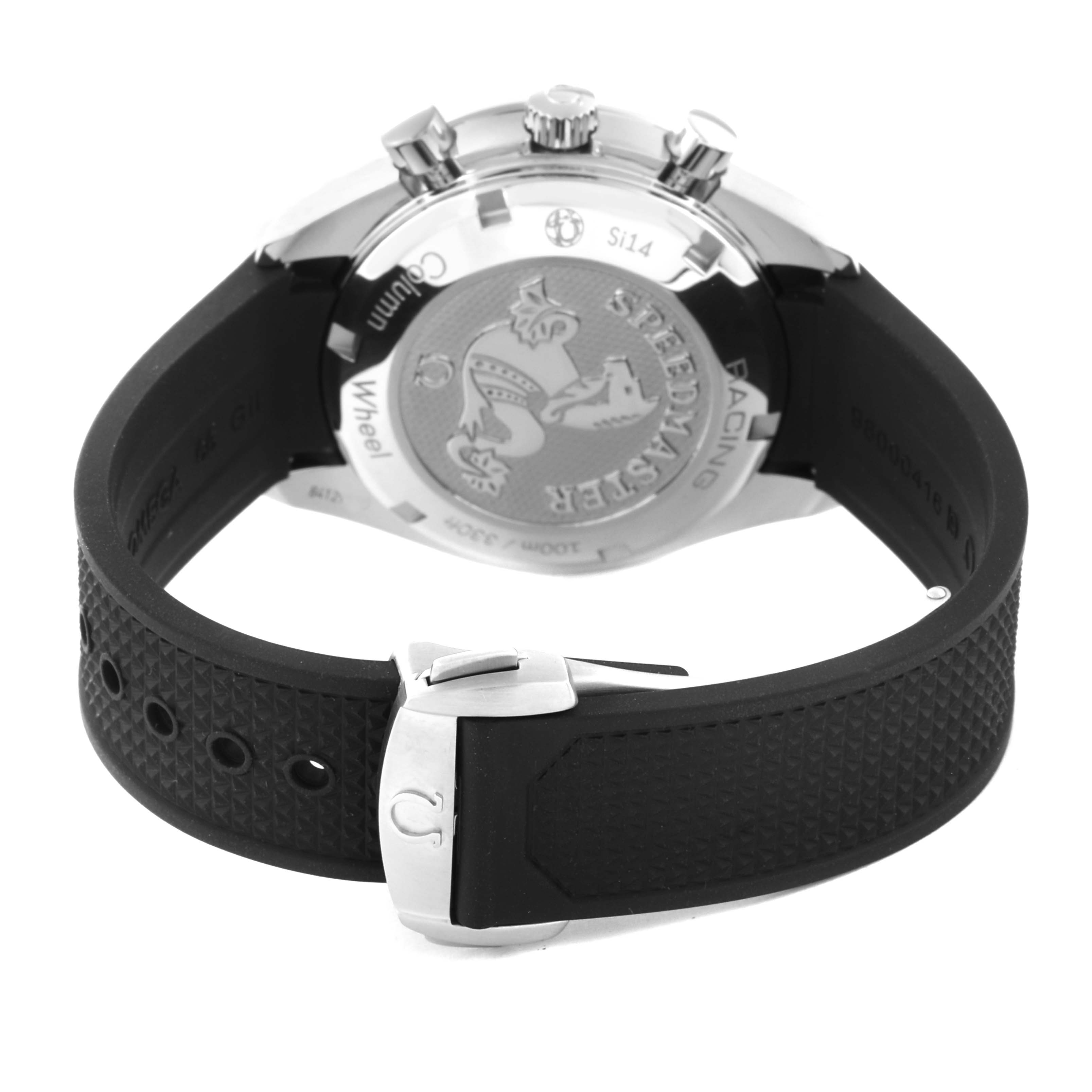 The image shows the back view and the strap of the Omega Speedmaster 326.32.40.50.01.001 Men
s Stainless Steel Black Dial 326.32.40.50.01.001 Men
s Stainless Steel Black Dial watch.