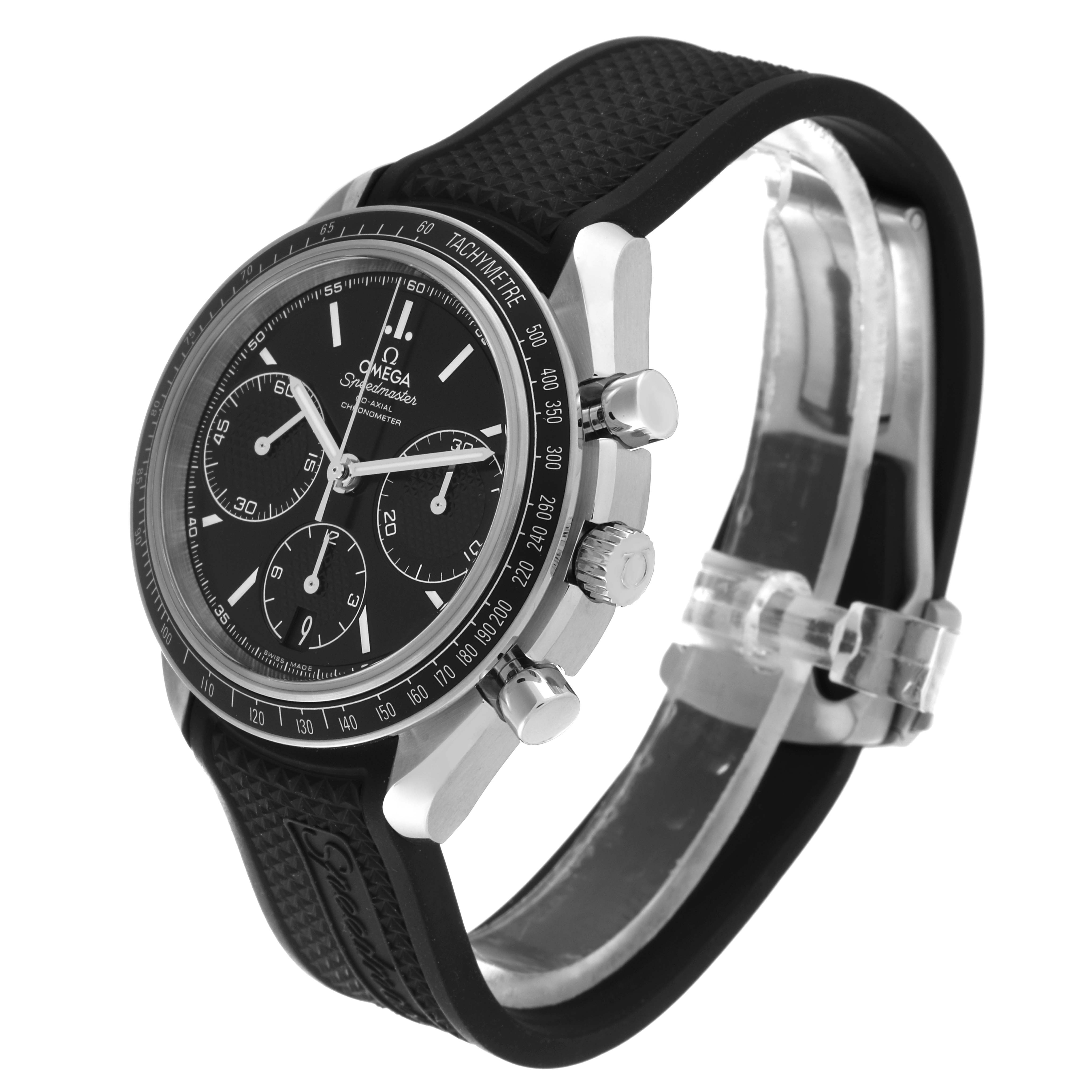 The Omega Speedmaster 326.32.40.50.01.001 Men
s Stainless Steel Black Dial 326.32.40.50.01.001 Men
s Stainless Steel Black Dial watch is shown at a three-quarter angle, highlighting the bezel, pushers, crown, dial, and rubber strap.