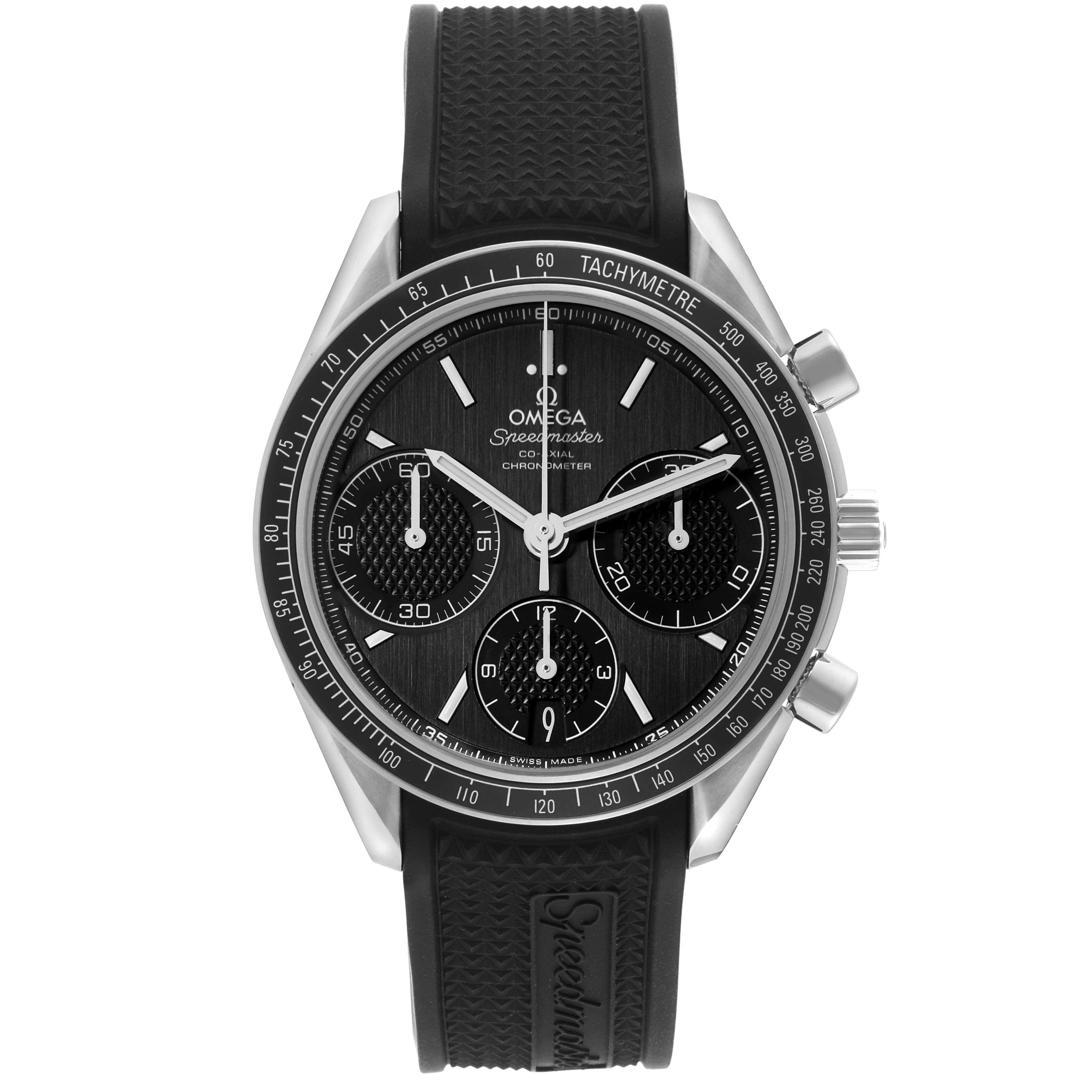 This Omega Speedmaster 326.32.40.50.01.001 Men
s Stainless Steel Black Dial 326.32.40.50.01.001 Men
s Stainless Steel Black Dial watch is shown from a front angle, displaying its dial, three subdials, tachymeter bezel, and black strap.