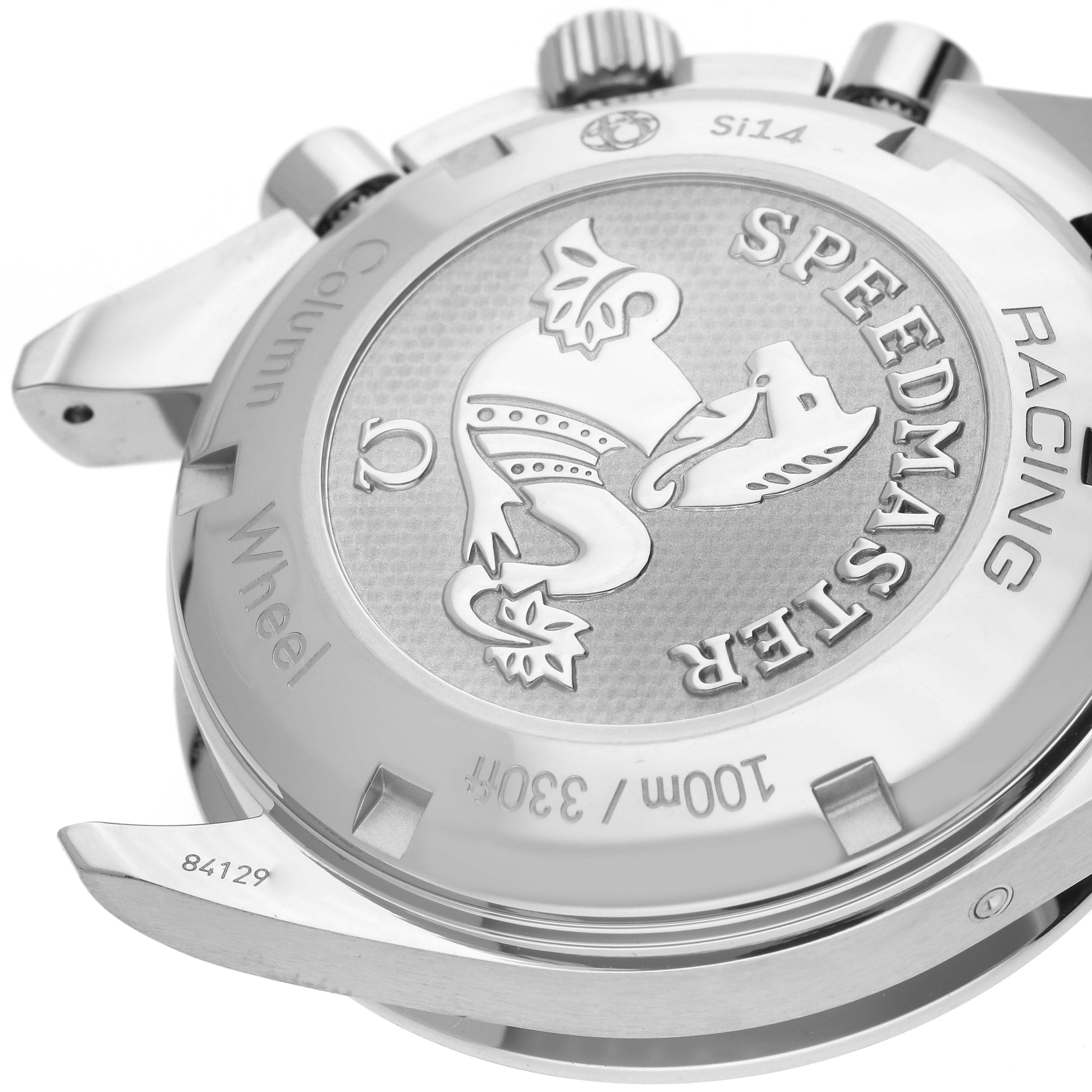 The image shows the case back of an Omega Speedmaster 326.32.40.50.01.001 Men
s Stainless Steel Black Dial 326.32.40.50.01.001 Men
s Stainless Steel Black Dial watch, highlighting its engraving and water resistance information.