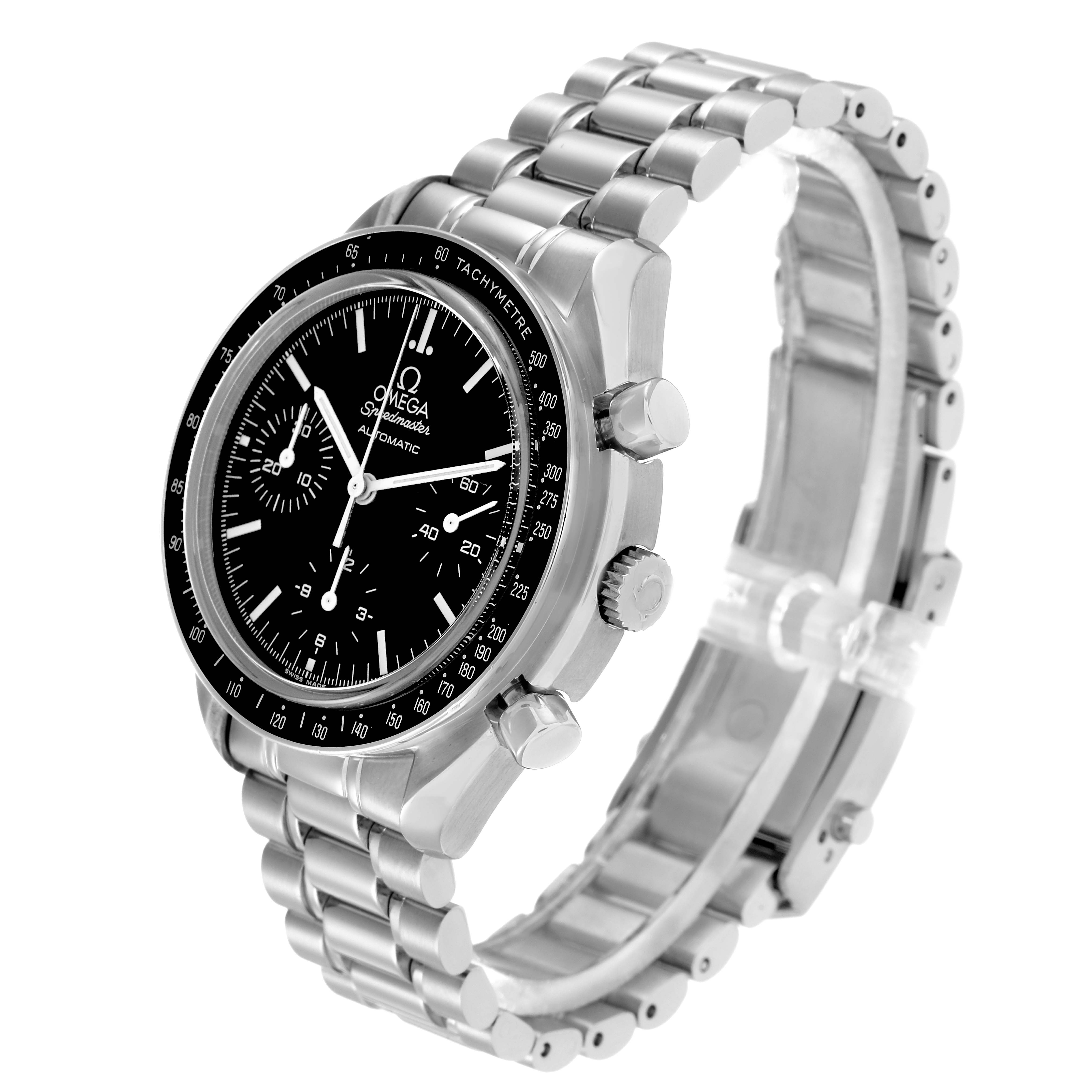 The Omega Speedmaster 3539.50.00 men
s watch is shown at an angle highlighting its bracelet, case, bezel, crown, and subdials on the black dial.