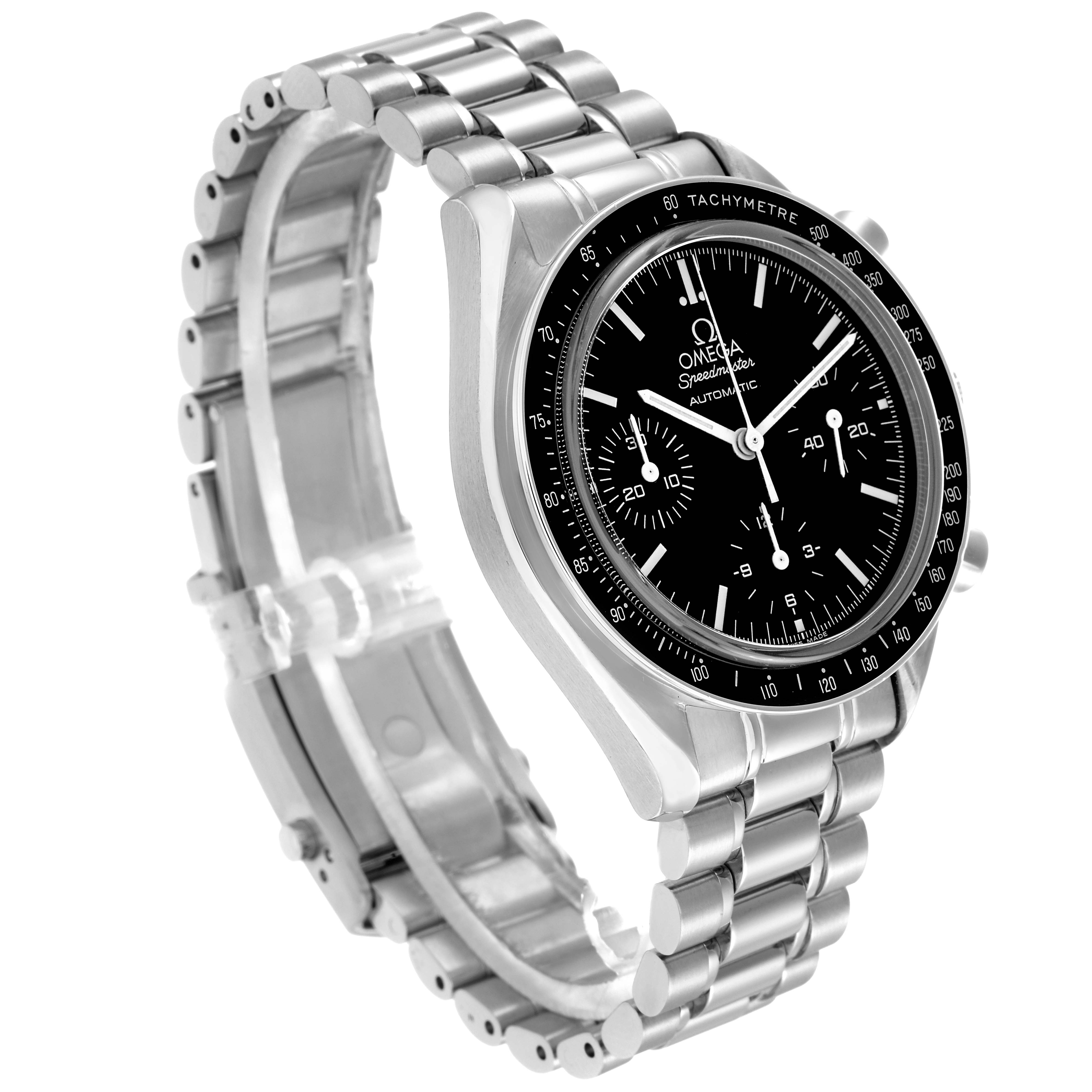 The Omega Speedmaster model 3539.50.00 men
s watch is shown from a three-quarter angle, highlighting its black dial, tachymeter bezel, and metal bracelet.