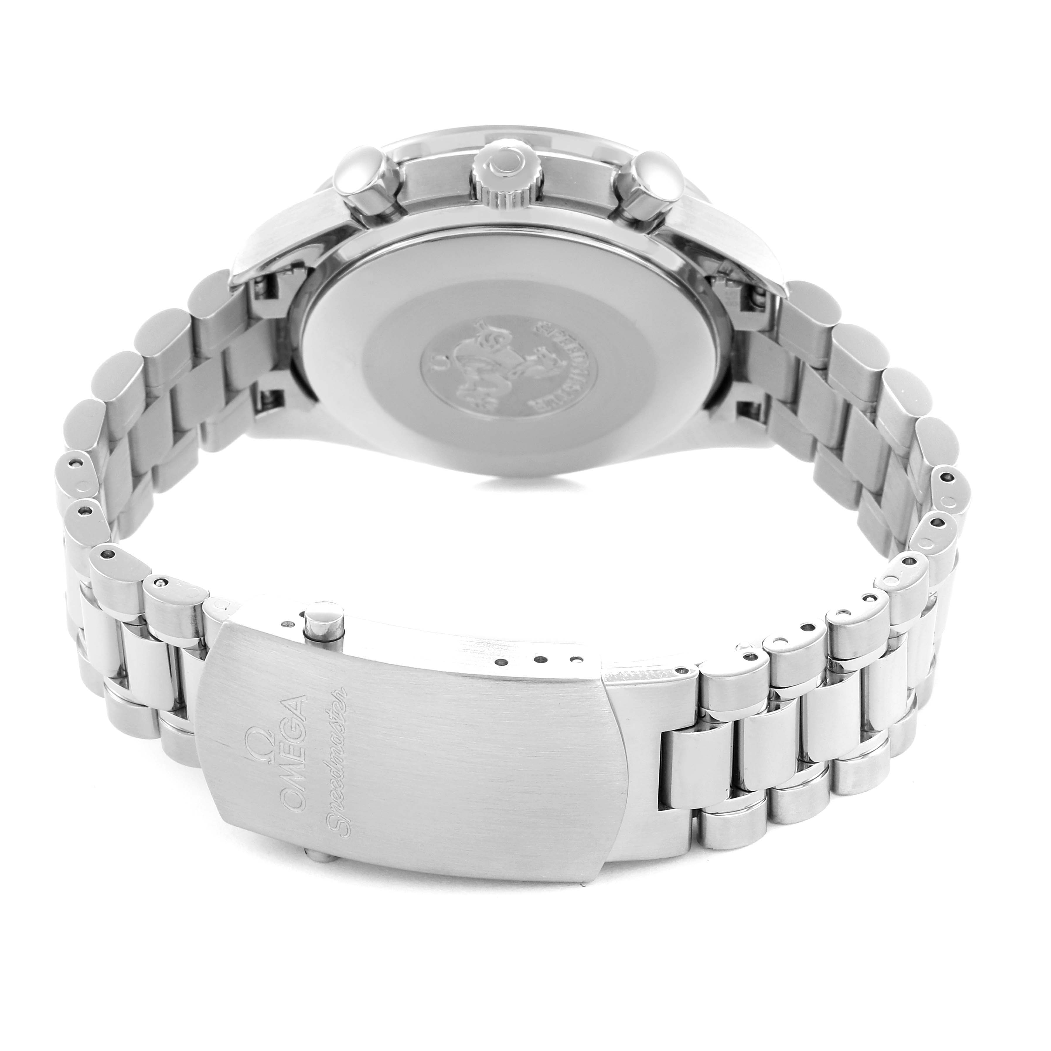The image shows the back and side of the Omega Speedmaster model 3539.50.00, highlighting the clasp, bracelet, and case back.