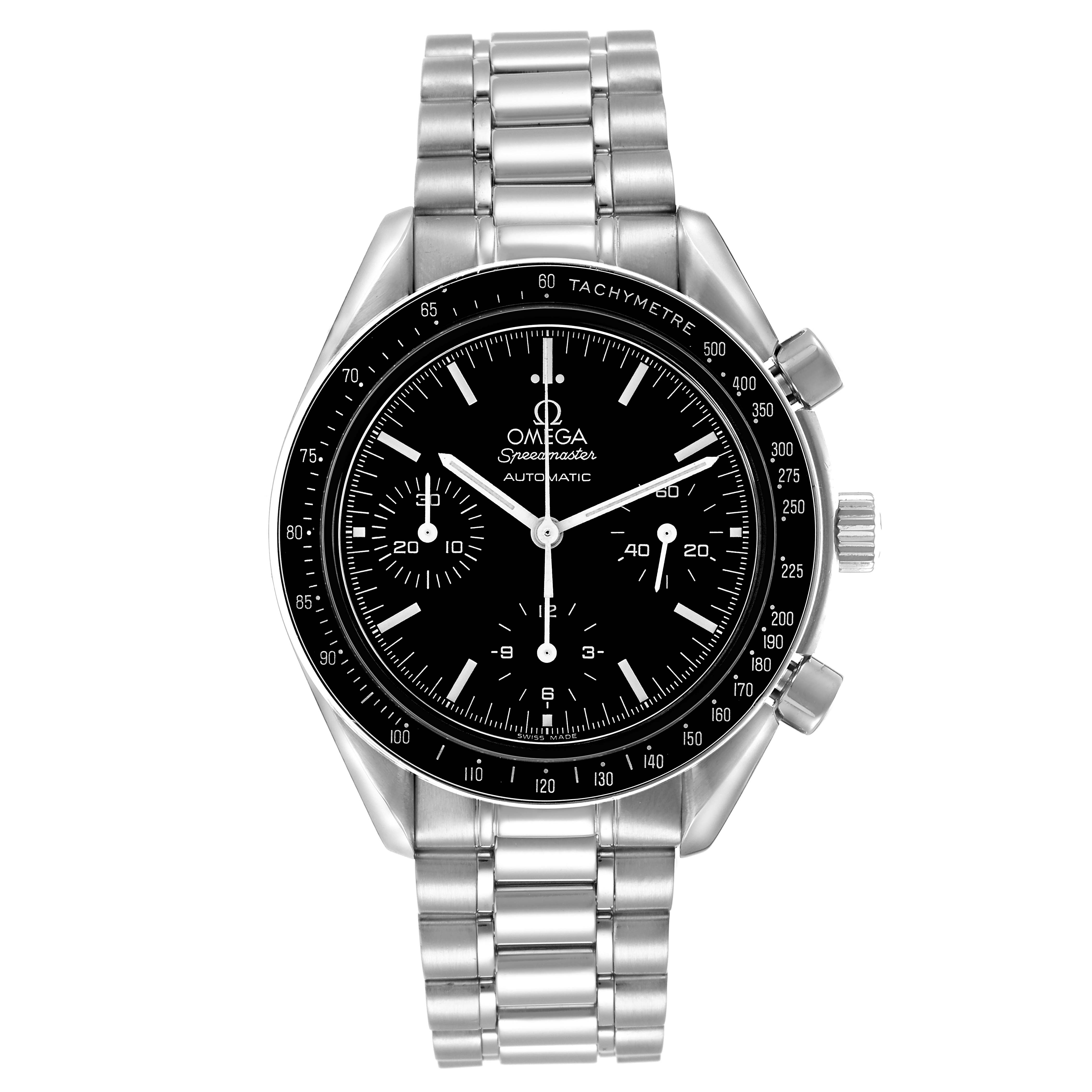 The Omega Speedmaster model 3539.50.00 is shown from a front angle, displaying its dial, bezel, pushers, and stainless steel bracelet.