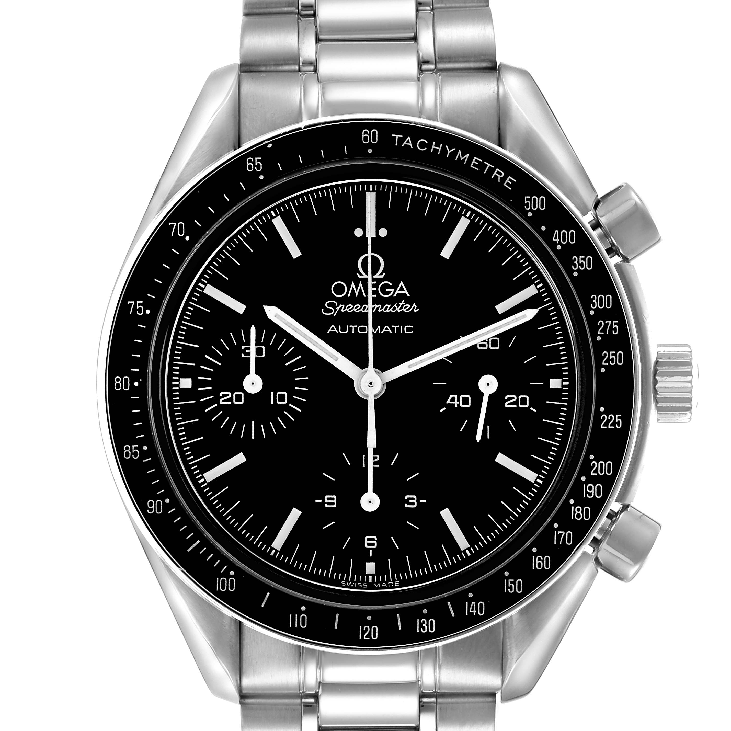 The Omega Speedmaster model 3539.50.00 is shown from a front angle, displaying its dial, bezel, crown, pushers, and stainless steel bracelet.