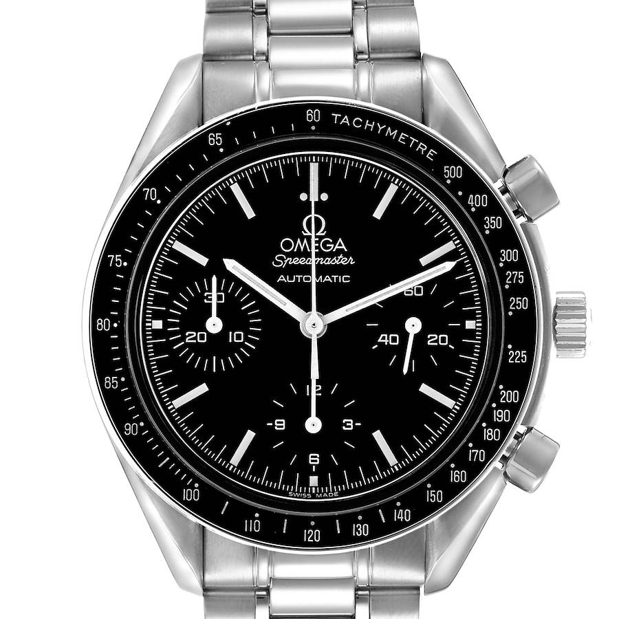The Omega Speedmaster model 3539.50.00 is shown from a front angle, displaying its dial, bezel, crown, pushers, and stainless steel bracelet.