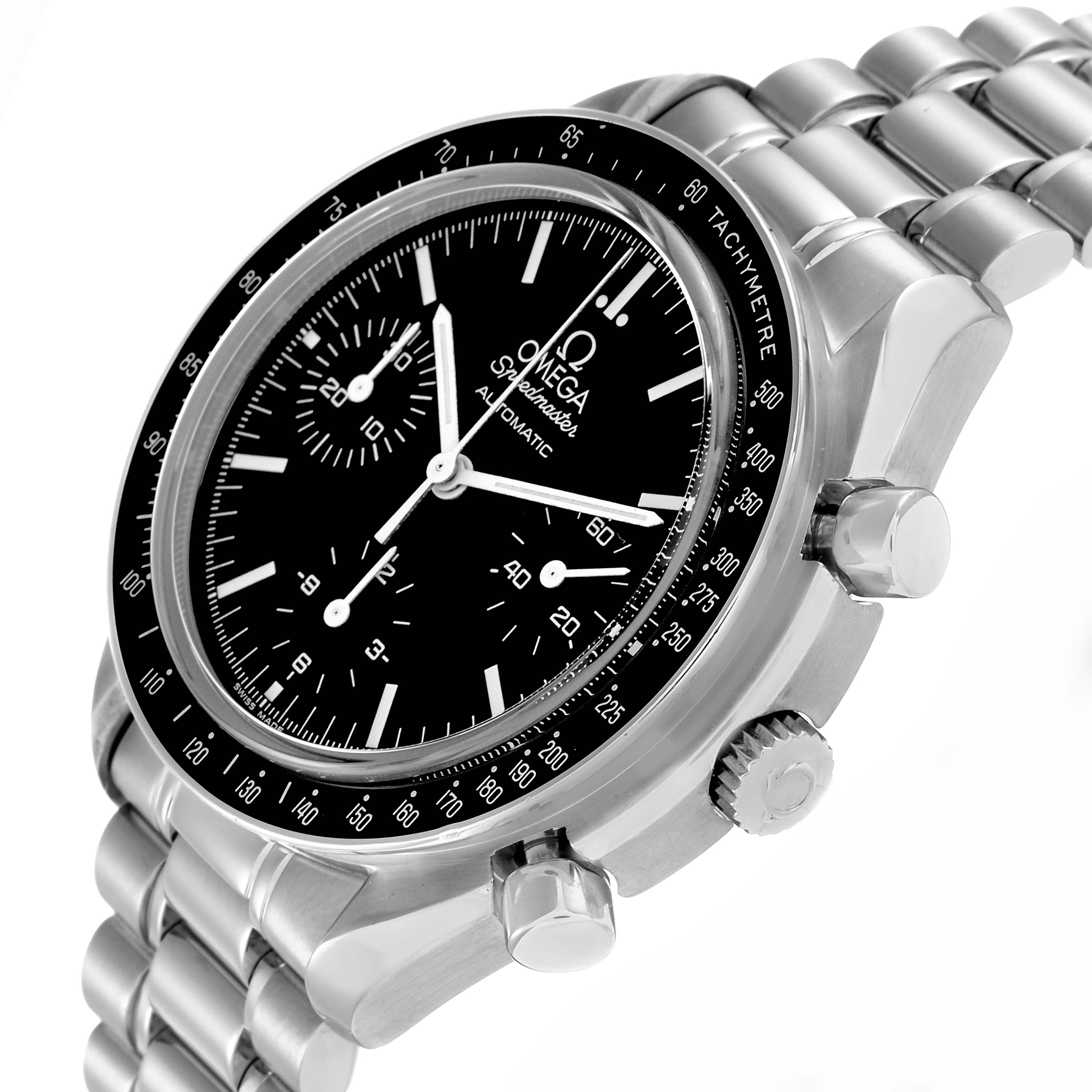 The Omega Speedmaster model 3539.50.00 is shown at an angle highlighting the face, bezel, lugs, crown, pushers, and part of the bracelet.