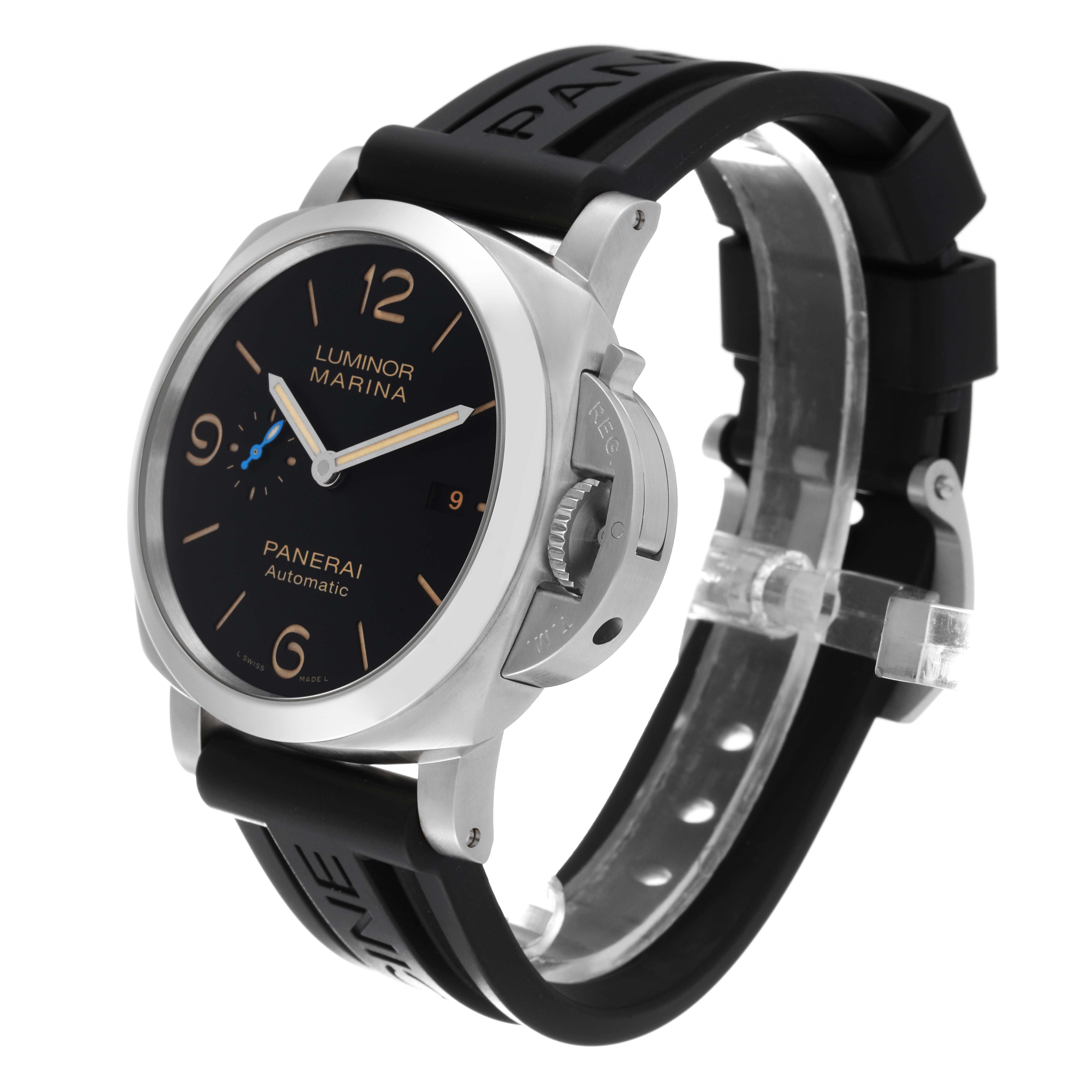 The image shows a Panerai Luminor PAM01312 Men's Stainless Steel Black Dial PAM01312 Men's Stainless Steel Black Dial Marina watch at a three-quarter angle, highlighting the face, bezel, and part of the strap.