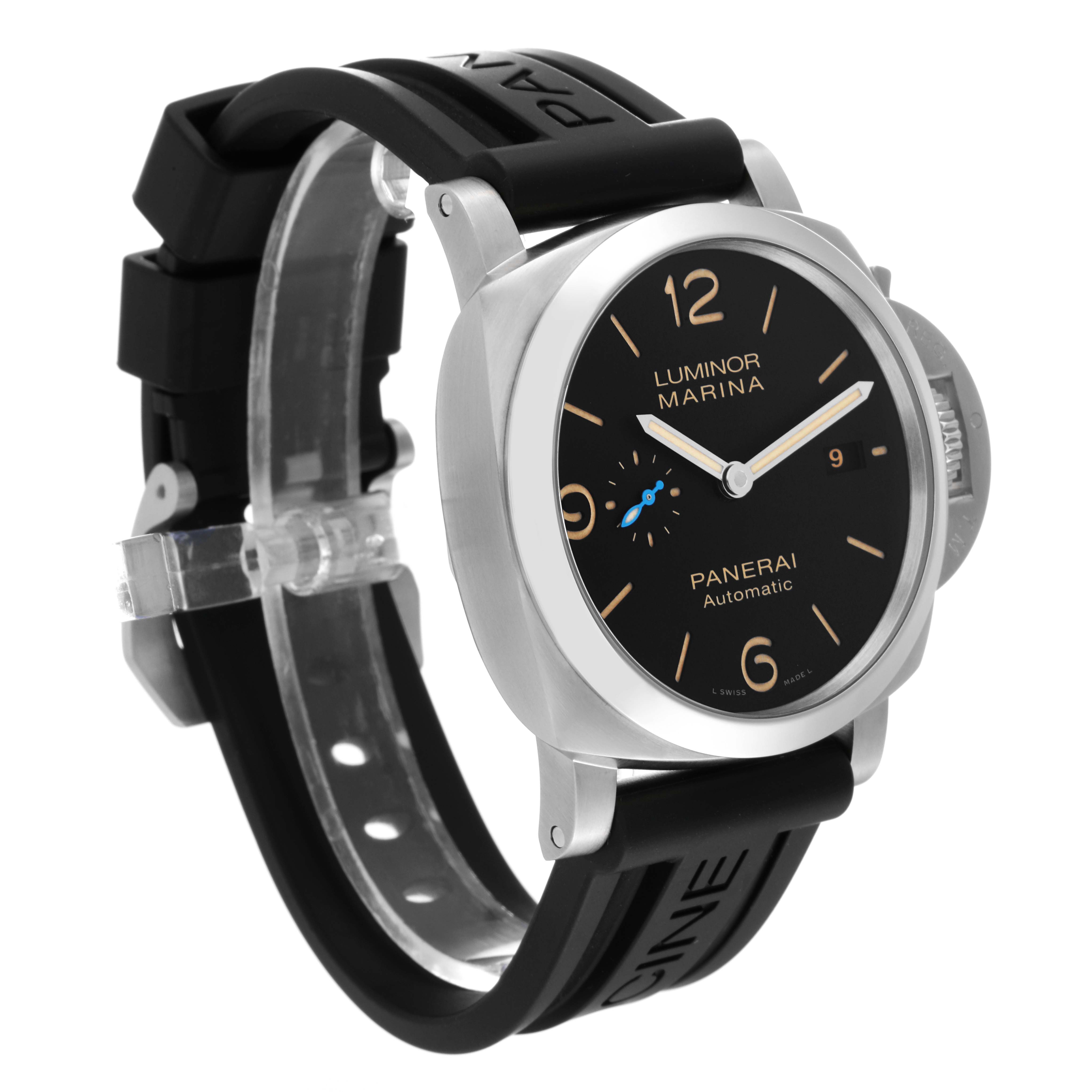 The image shows a Panerai Luminor PAM01312 Men's Stainless Steel Black Dial PAM01312 Men's Stainless Steel Black Dial Marina watch at a slight angle, highlighting the dial, case, crown guard, and black rubber strap.