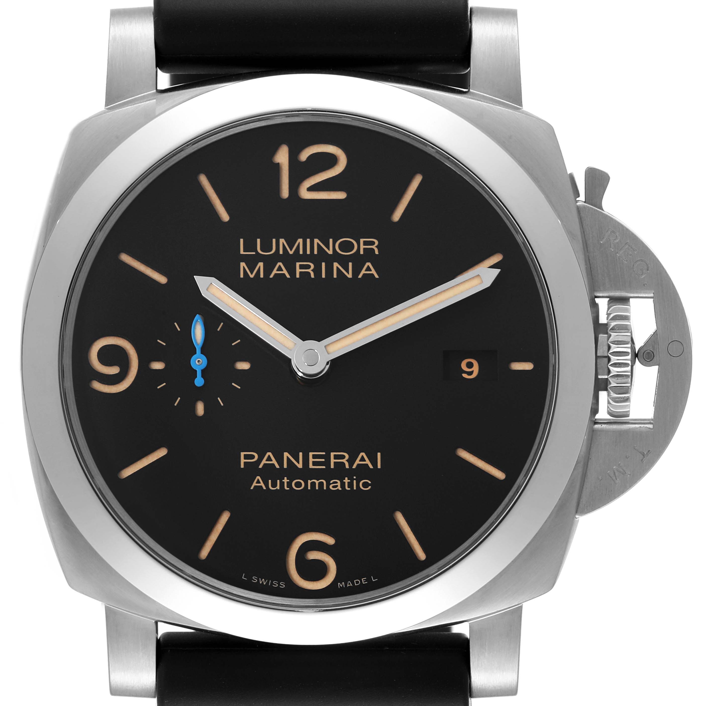 This Panerai Luminor PAM01312 Men's Stainless Steel Black Dial PAM01312 Men's Stainless Steel Black Dial model watch is shown from a front angle, highlighting its black dial, hour markers, and crown guard.
