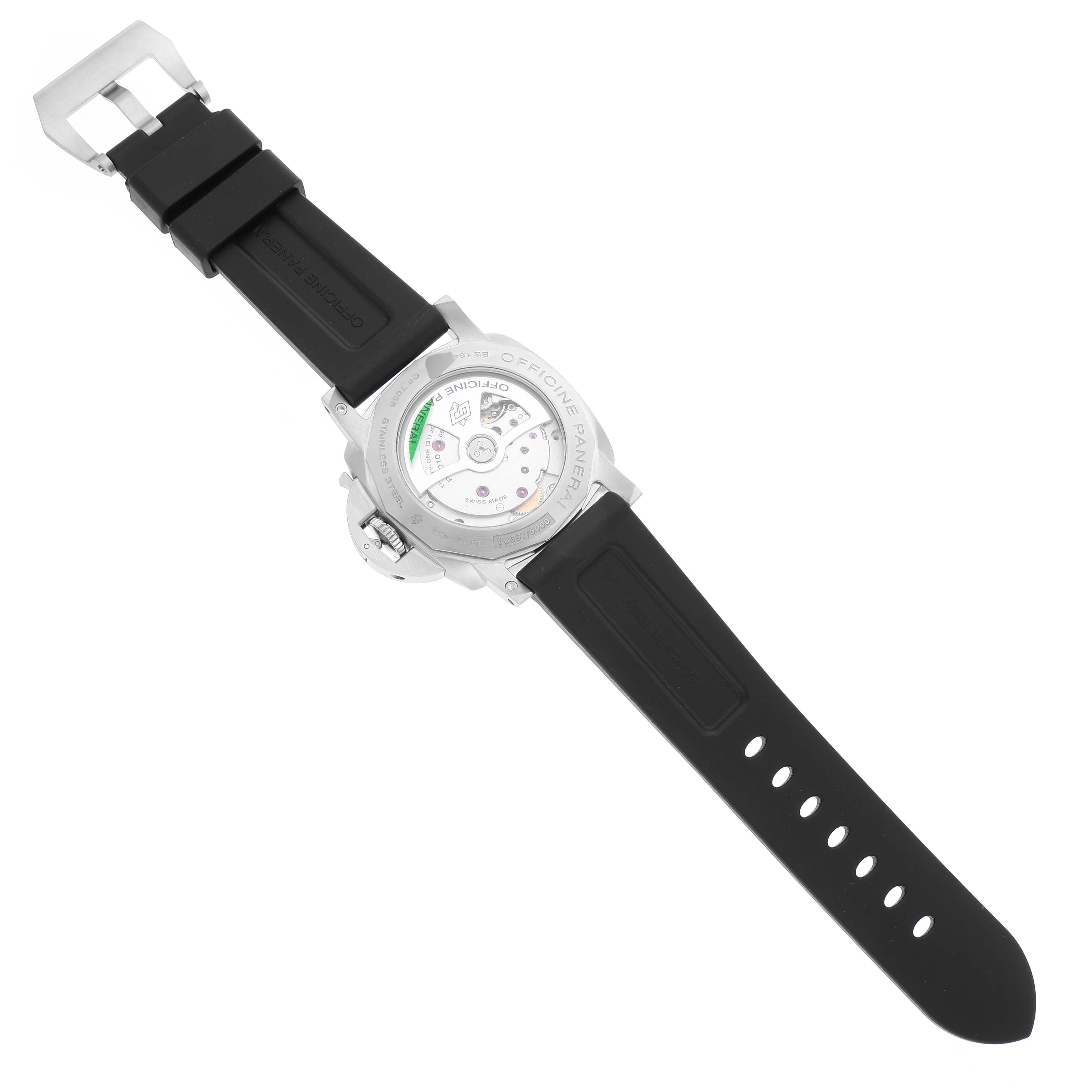 The image shows the back of a Panerai Luminor PAM01312 Men's Stainless Steel Black Dial PAM01312 Men's Stainless Steel Black Dial watch with a visible movement and a black rubber strap.