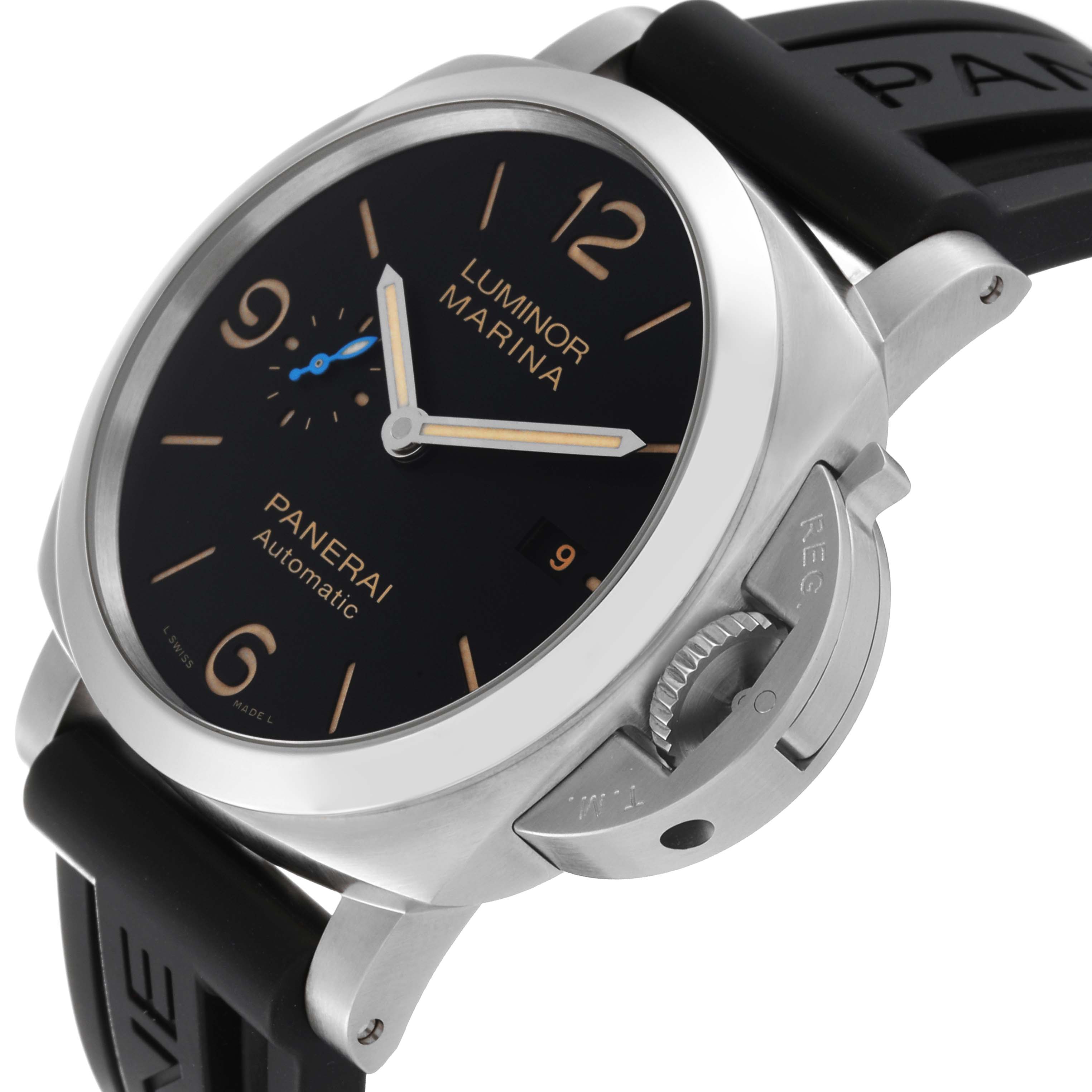 The image shows a close-up angle of a Panerai Luminor PAM01312 Men's Stainless Steel Black Dial PAM01312 Men's Stainless Steel Black Dial watch, highlighting its dial, crown guard, and rubber strap.