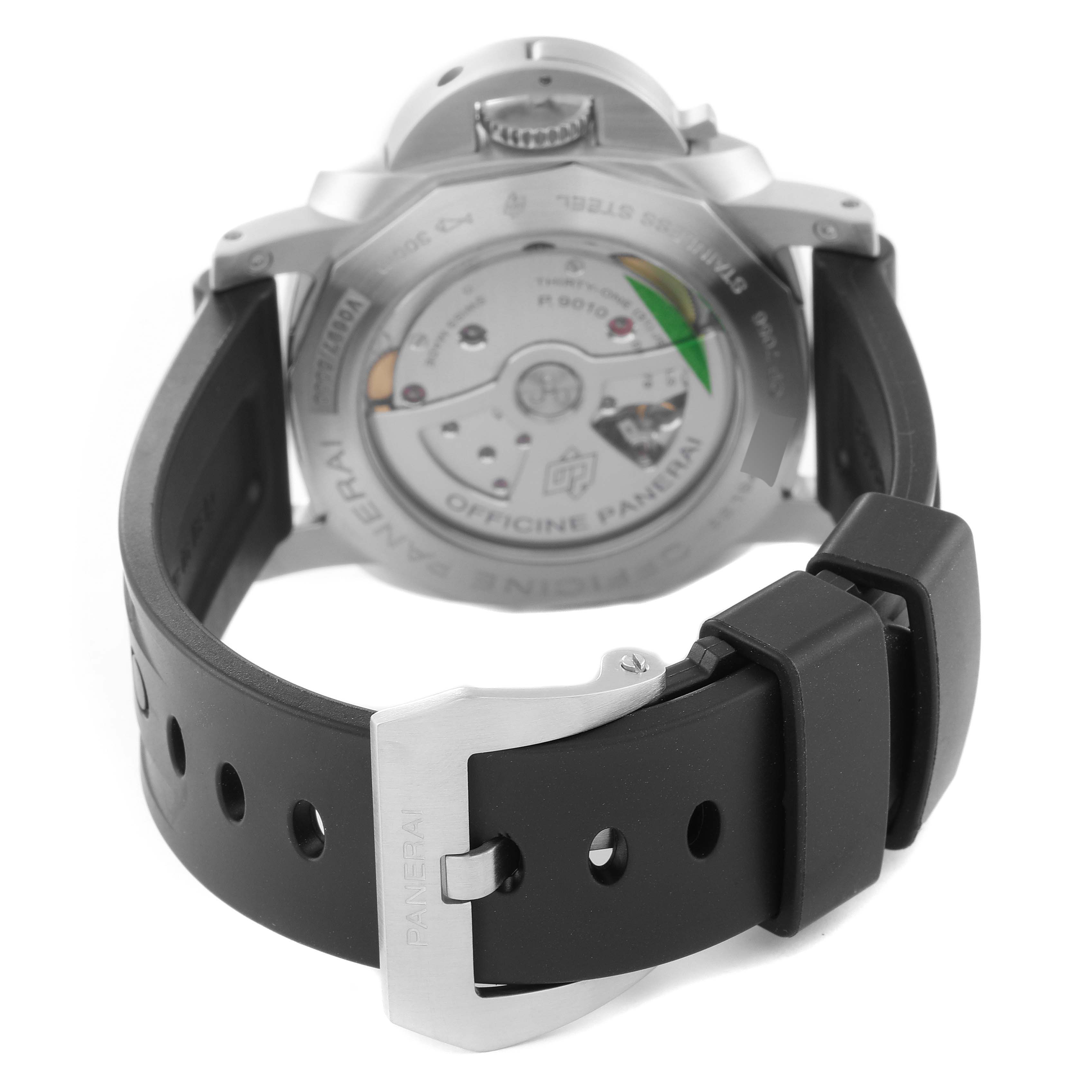The image shows the back view of a Panerai Luminor PAM01312 Men's Stainless Steel Black Dial PAM01312 Men's Stainless Steel Black Dial watch, focusing on the case back and rubber strap with a buckle.