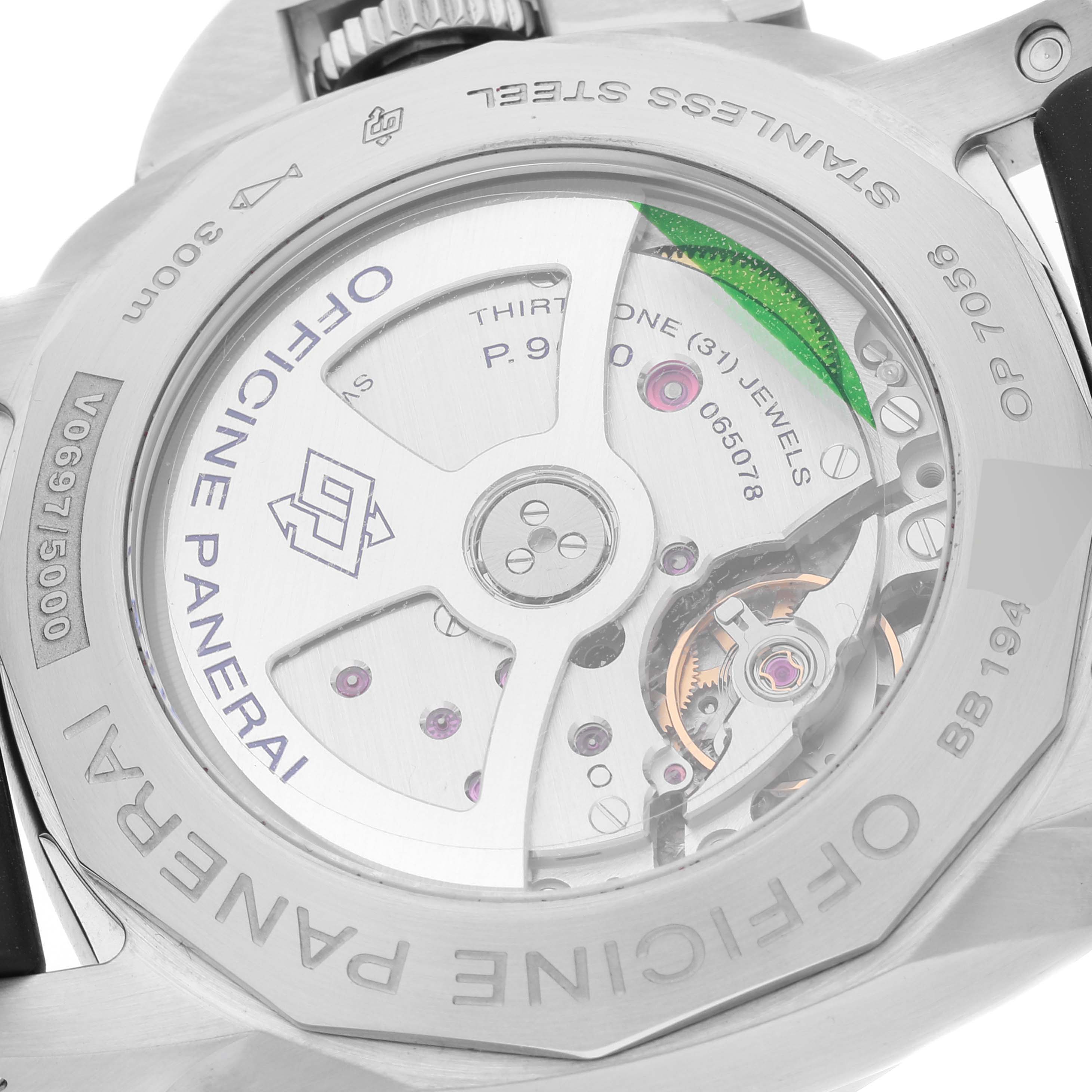 The image shows the back view of the Panerai Luminor PAM01312 Men's Stainless Steel Black Dial PAM01312 Men's Stainless Steel Black Dial watch, revealing its internal mechanism and engravings.
