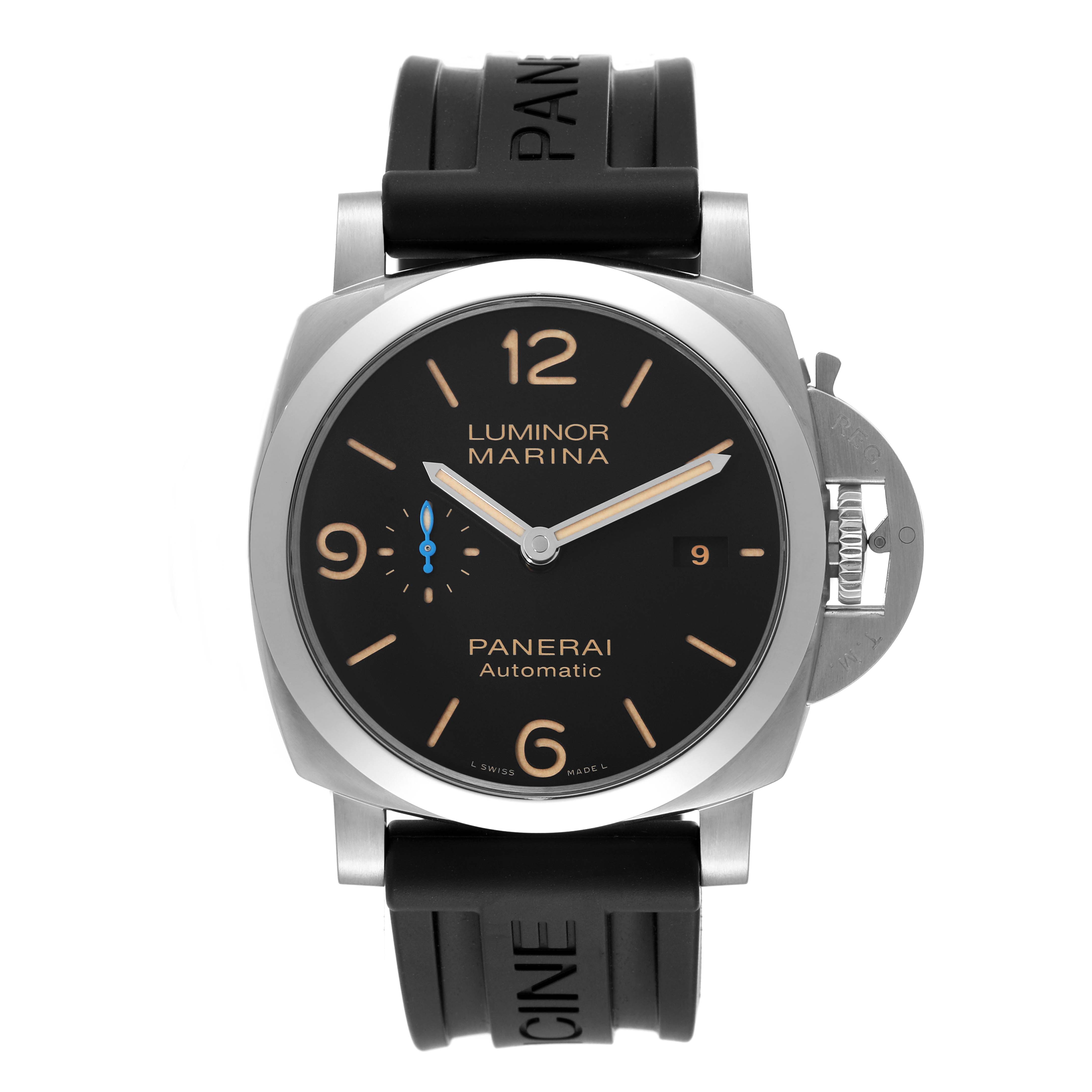 This image shows a front view of the Panerai Luminor PAM01312 Men's Stainless Steel Black Dial PAM01312 Men's Stainless Steel Black Dial Marina watch, highlighting its dial, case, and rubber strap.