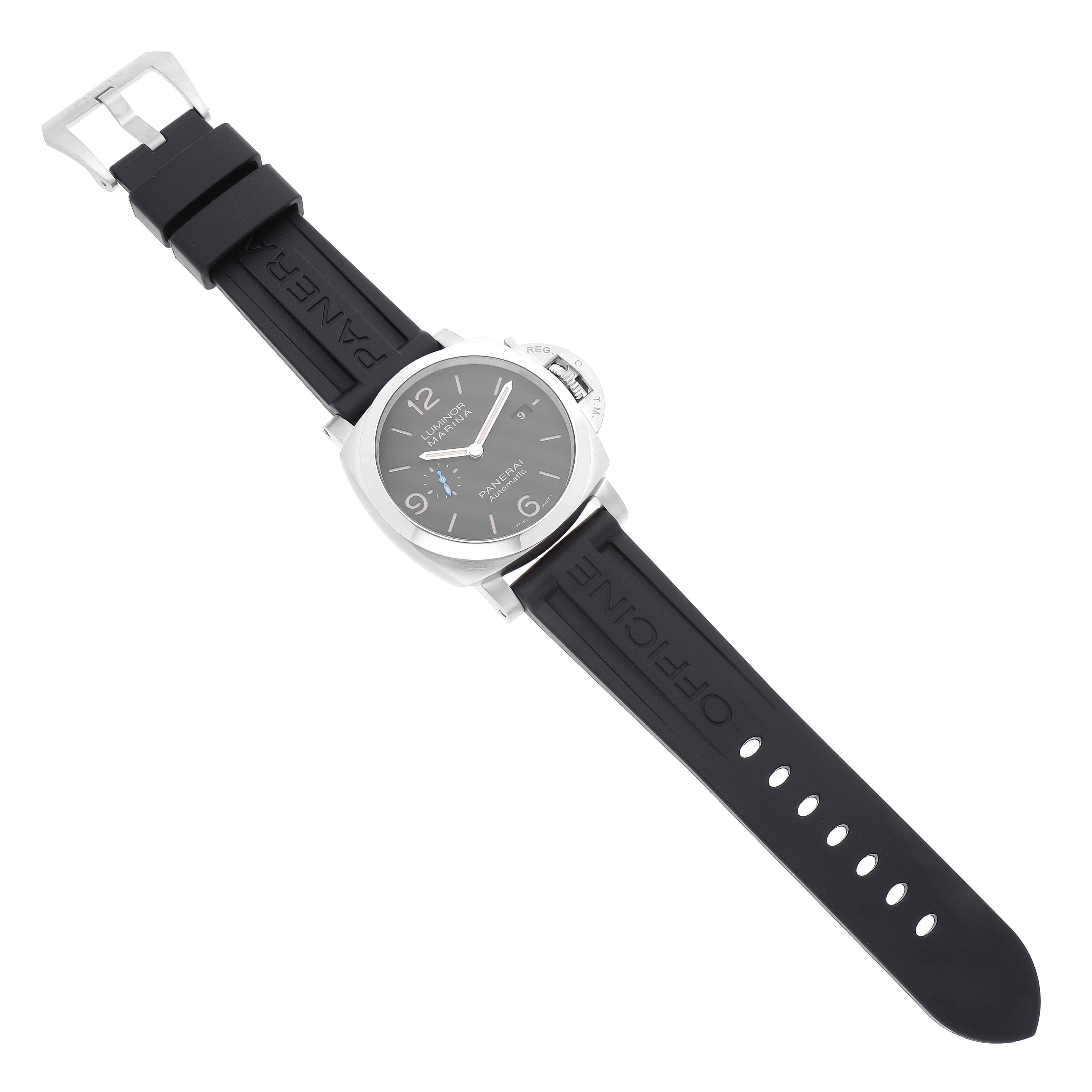 The Panerai Luminor PAM01312 Men's Stainless Steel Black Dial PAM01312 Men's Stainless Steel Black Dial model watch is shown from a top-down angle, displaying the front face, black rubber strap, and buckle.