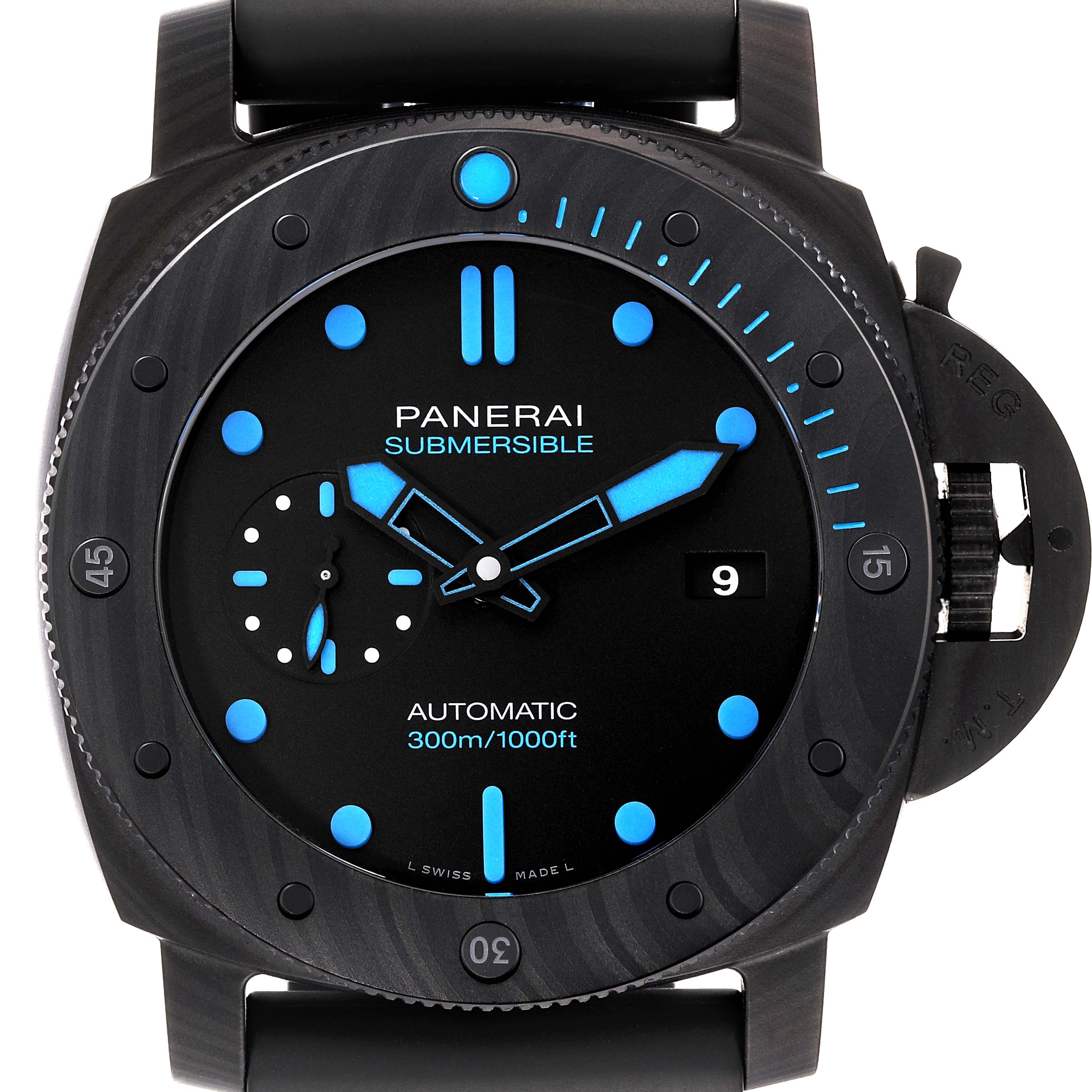 The Panerai Submersible PAM01616 Men's Ceramic Black Dial PAM01616 Men's Ceramic Black Dial watch is shown from the front, displaying the dial, hands, date, and bezel.