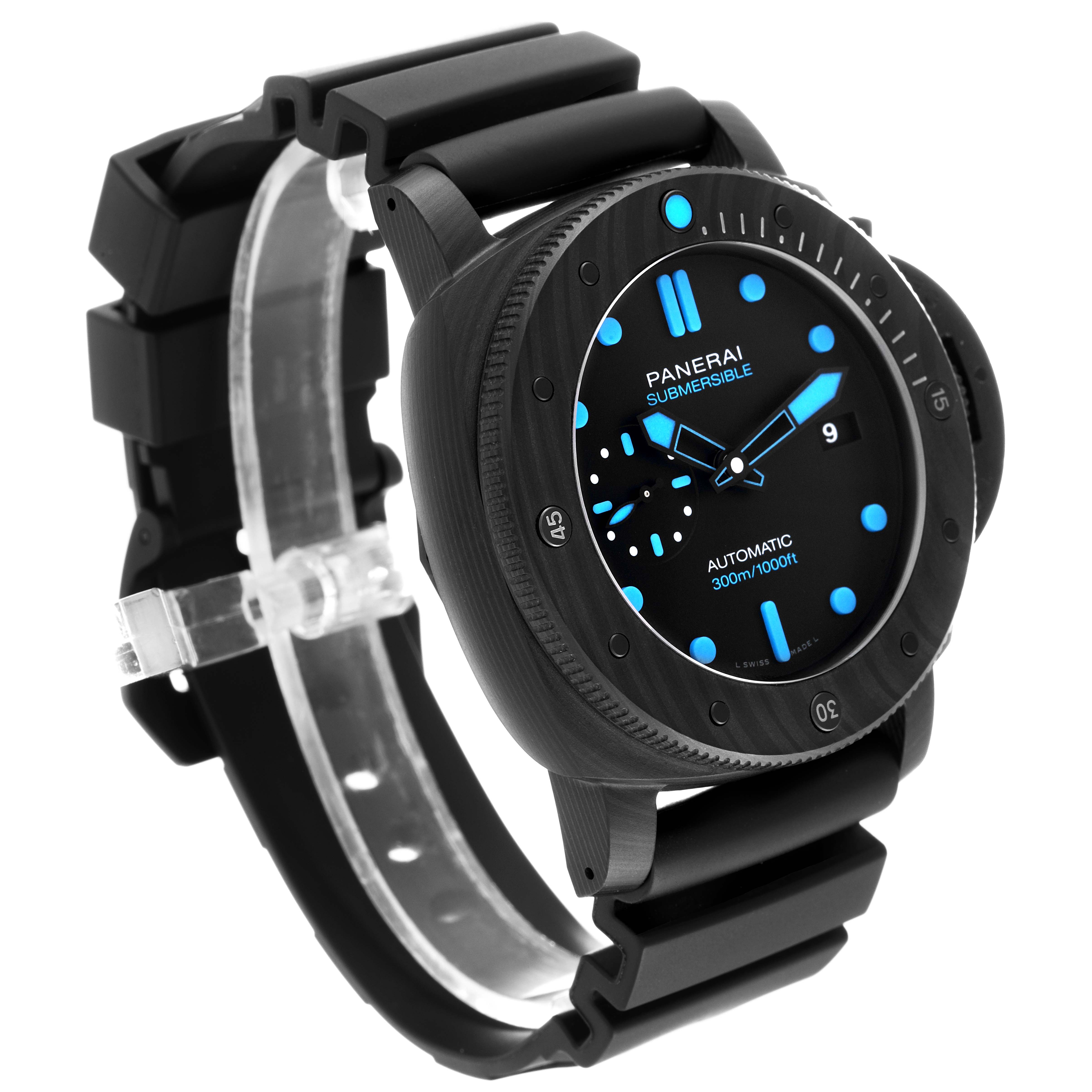 This Panerai Submersible PAM01616 Men's Ceramic Black Dial PAM01616 Men's Ceramic Black Dial watch is shown from a three-quarter angle, highlighting its black case, bezel, and rubber strap.